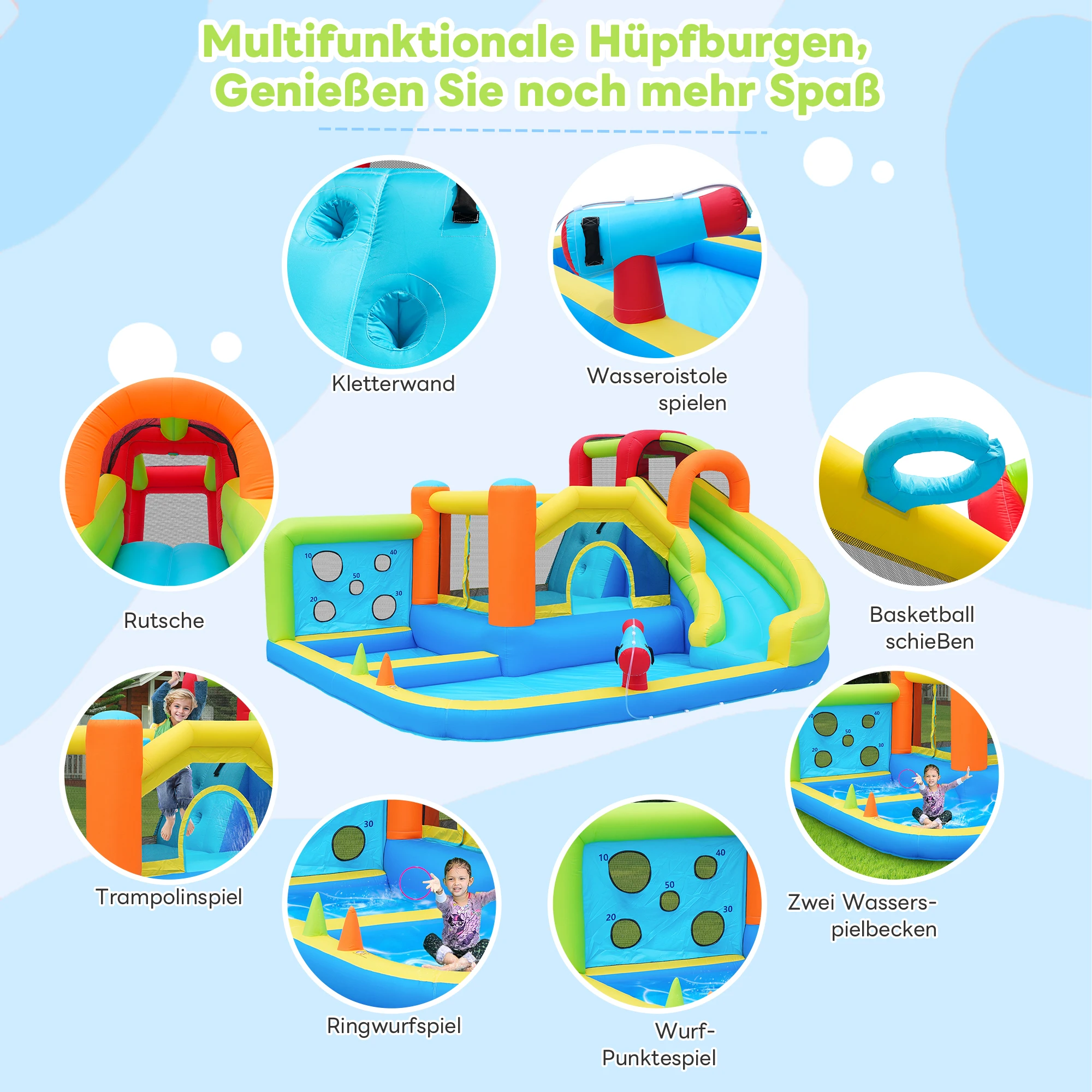 Bouncy castle with blower, slide, trampoline, climbing wall, throwing Wall & basketball hoop-usable all year round, incl. 450W Blower