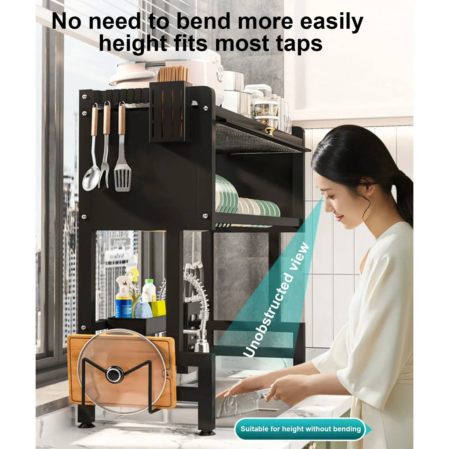 Over Sink Dish Drying Rack with Cover 2-Tier Large Capacity Adjustable Drainer Shelf for Kitchen Storage Plates Bowls Utensils