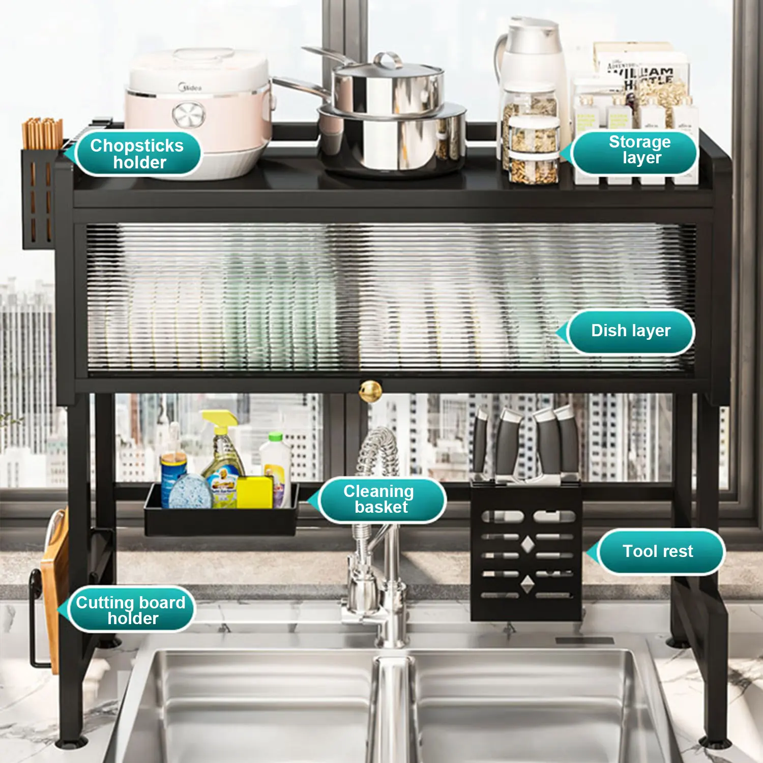 Over Sink Dish Drying Rack with Cover 2-Tier Large Capacity Adjustable Drainer Shelf for Kitchen Storage Plates Bowls Utensils