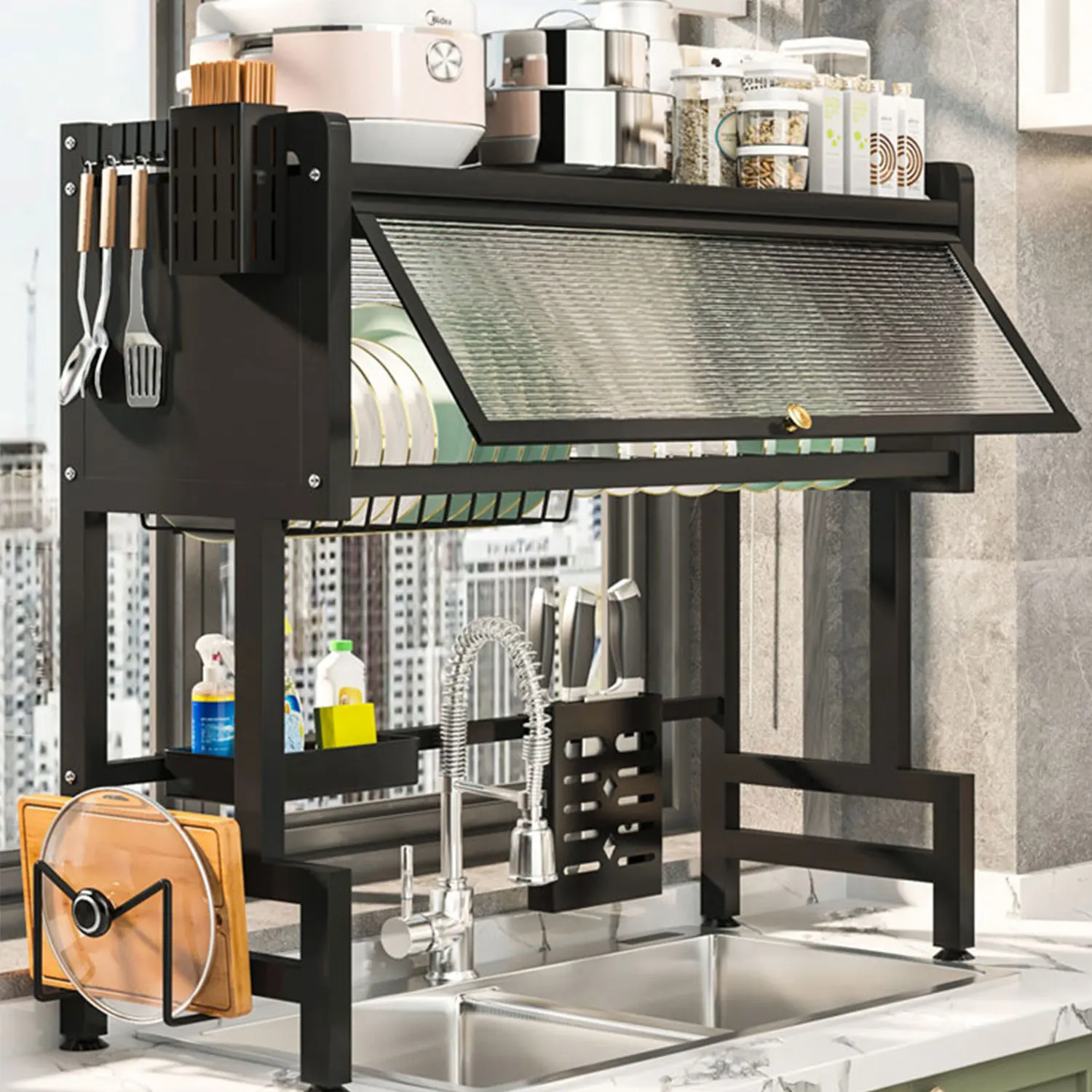 Over Sink Dish Drying Rack with Cover 2-Tier Large Capacity Adjustable Drainer Shelf for Kitchen Storage Plates Bowls Utensils