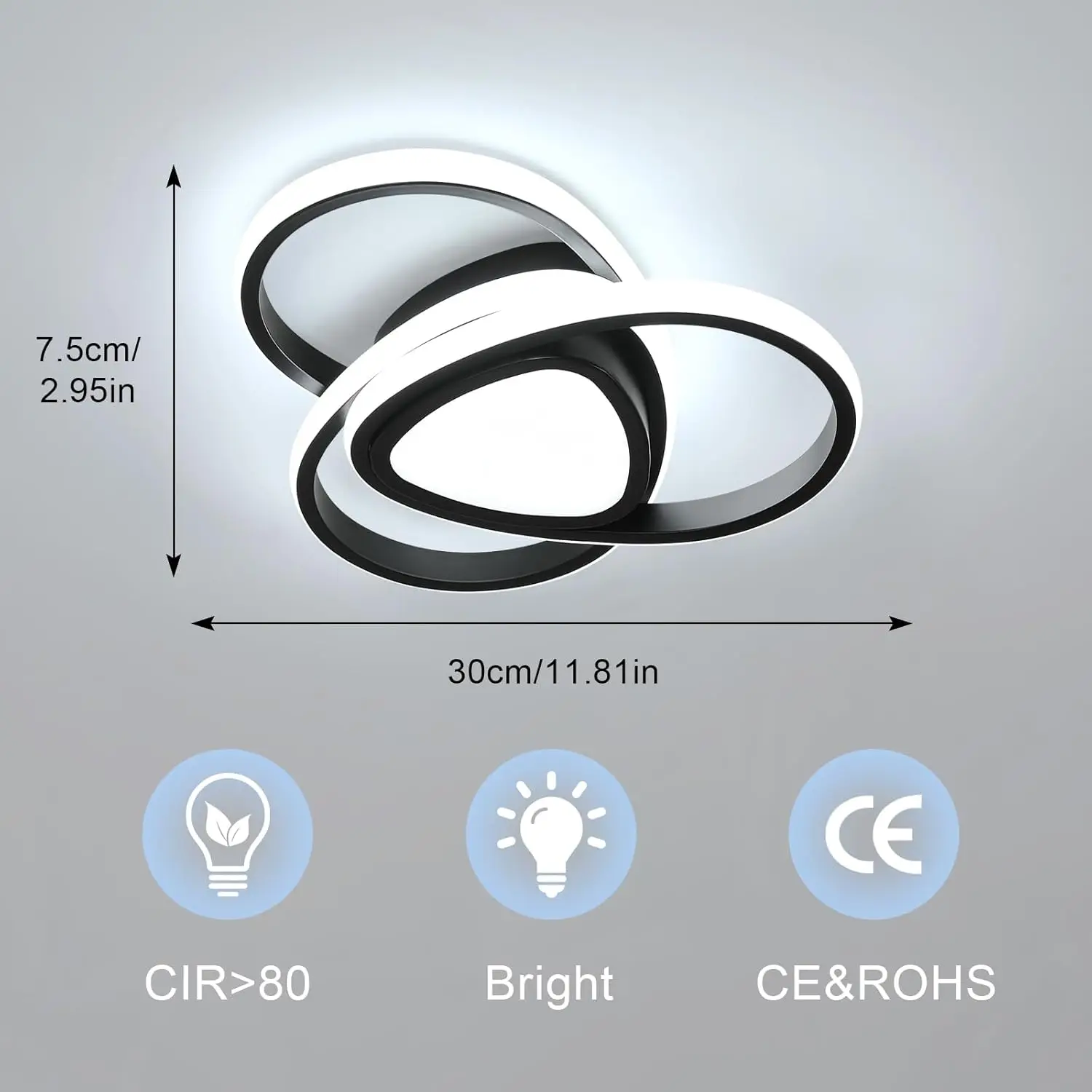 Black 30W Ceiling Light , 6500K Cool White LED Ceiling Lamp for Balcony, Hallway, Bedroom, Living Room and Dining Room