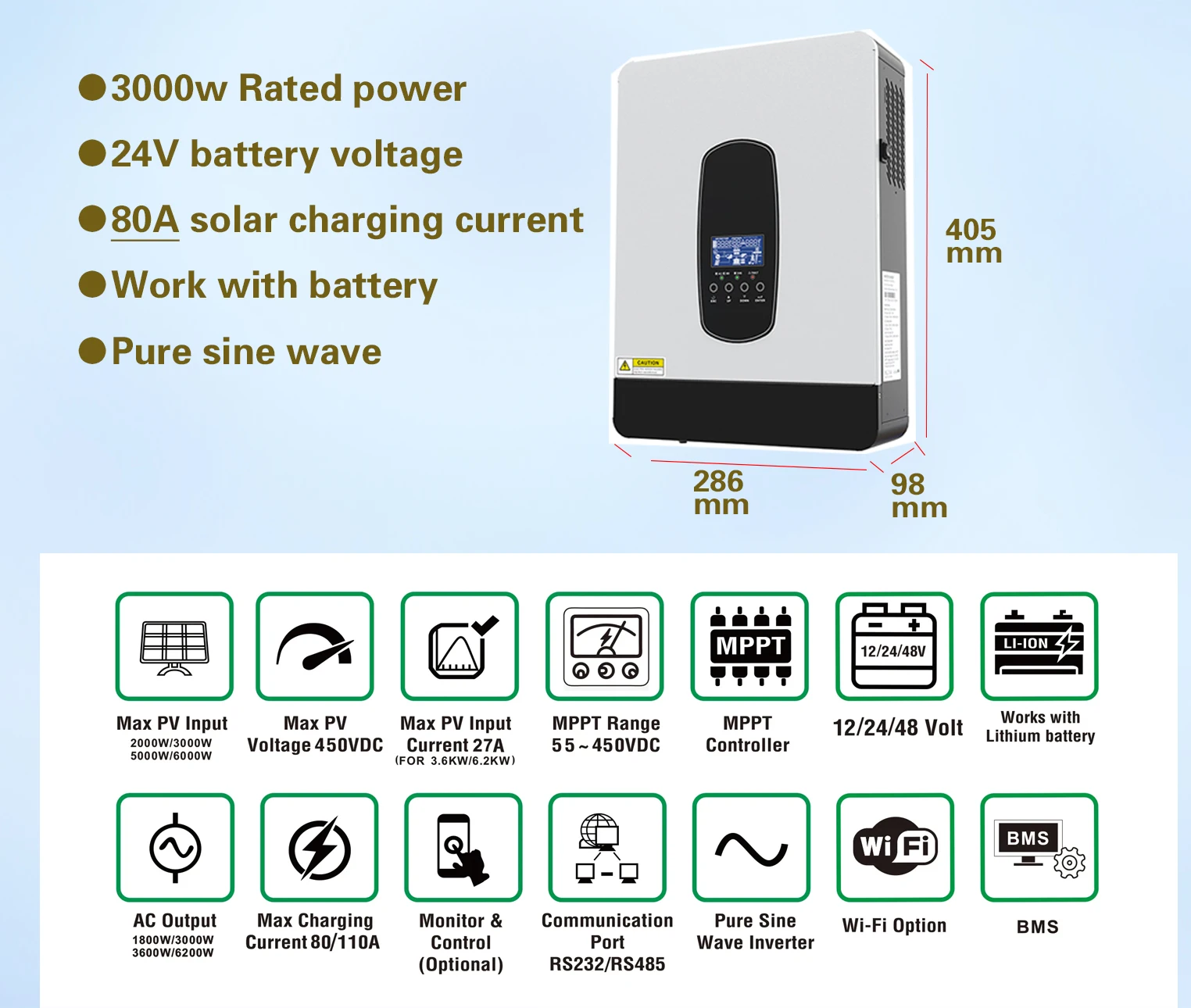 3000W Off Grid Hybrid Solar Inverter 24V 230V Ac with 80A Mppt Charger | Pure Sine Wave 3Kw Max Pv 450Vdc Hybrid Inverter
