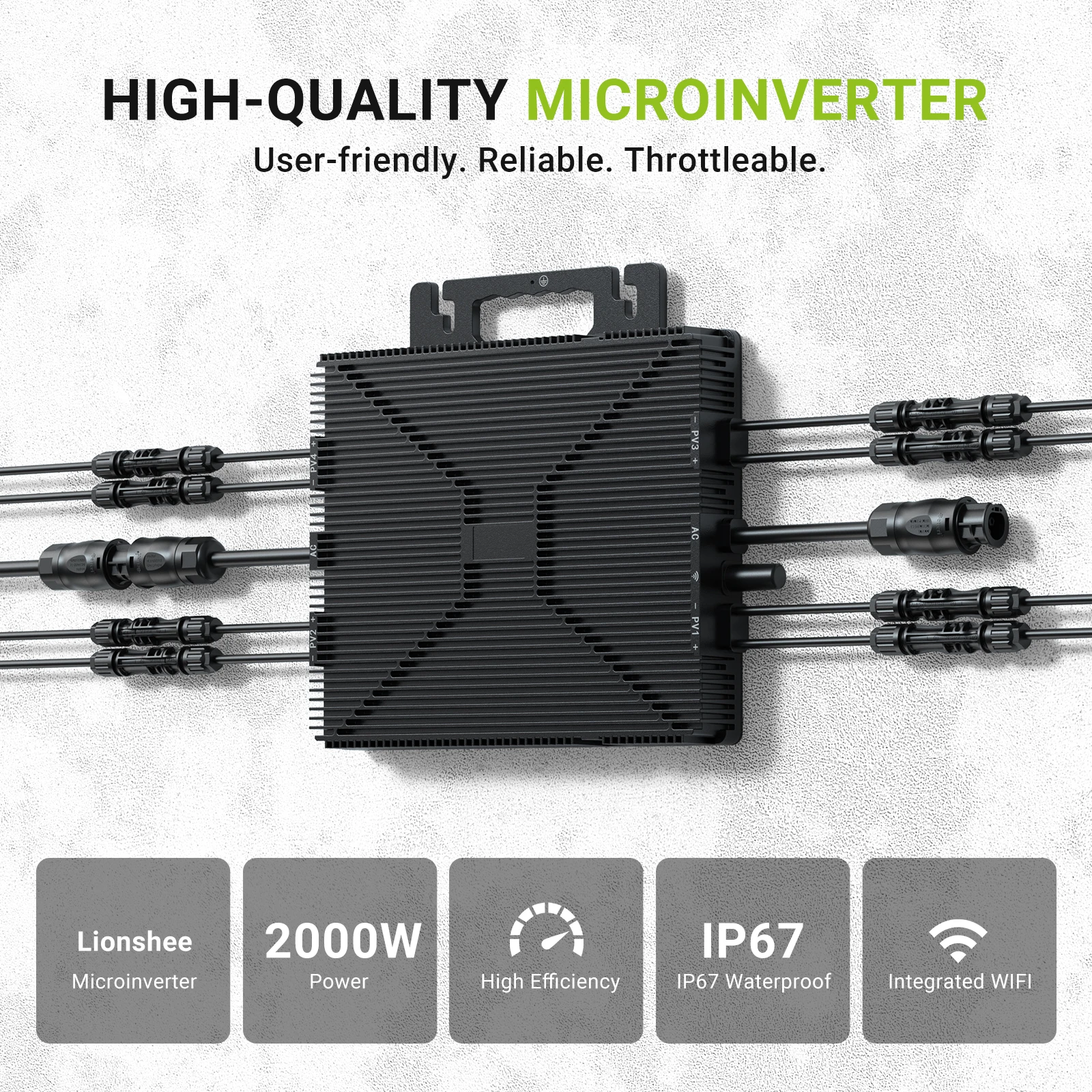 2000W Micro Inverter with 4 Mppt, Wi-Fi, Ip67 for 280W-650W Solar Modules – 96% Efficiency, for Home & Balcony Use, 5m Ac Cable