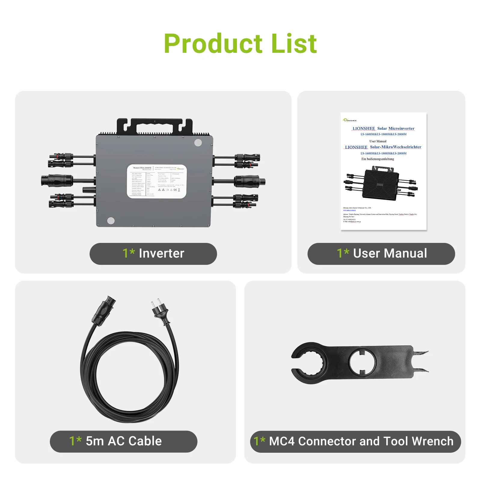 2000W Micro Inverter with 4 Mppt, Wi-Fi, Ip67 for 280W-650W Solar Modules – 96% Efficiency, for Home & Balcony Use, 5m Ac Cable