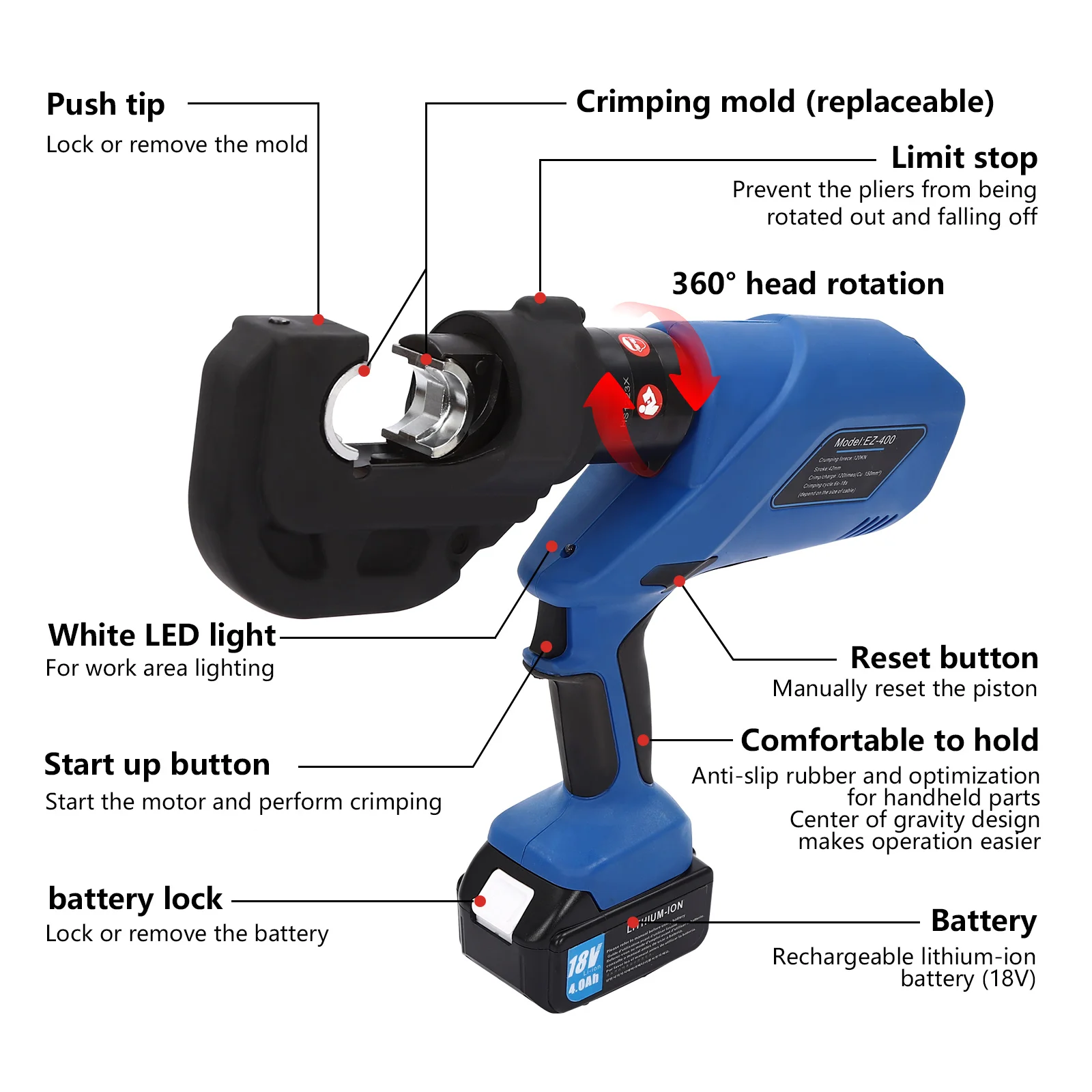 EZ-400 Rechargeable Hydraulic Crimping Pliers with 1 Battery 1 Charger 18V Electric Hydraulic Crimping Charging Crimping Tool