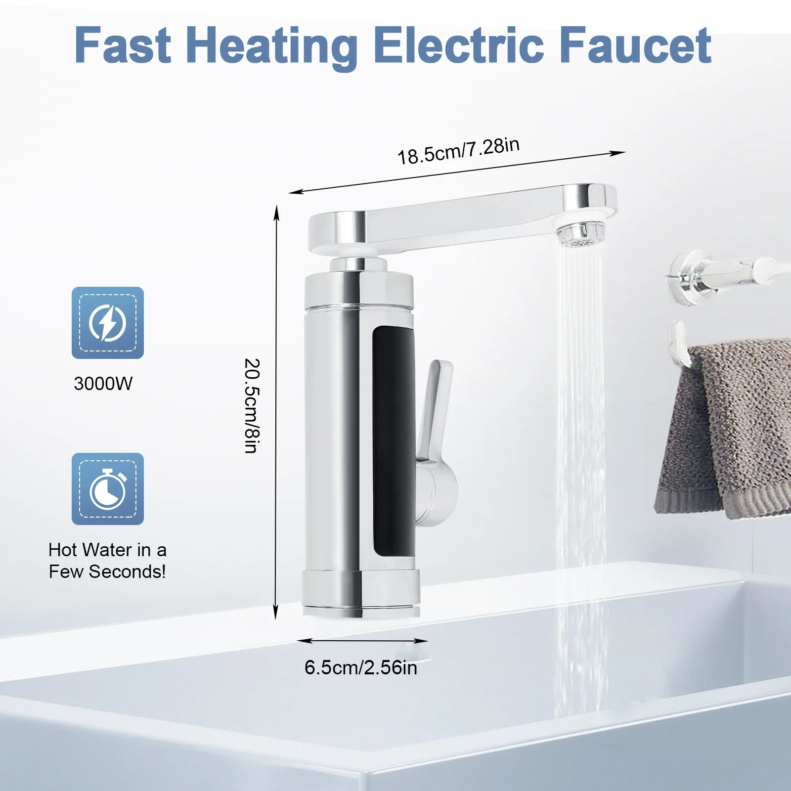Electric water faucet, instant hot water faucet, electric water faucet with digital, adjustable temperature faucet, silver