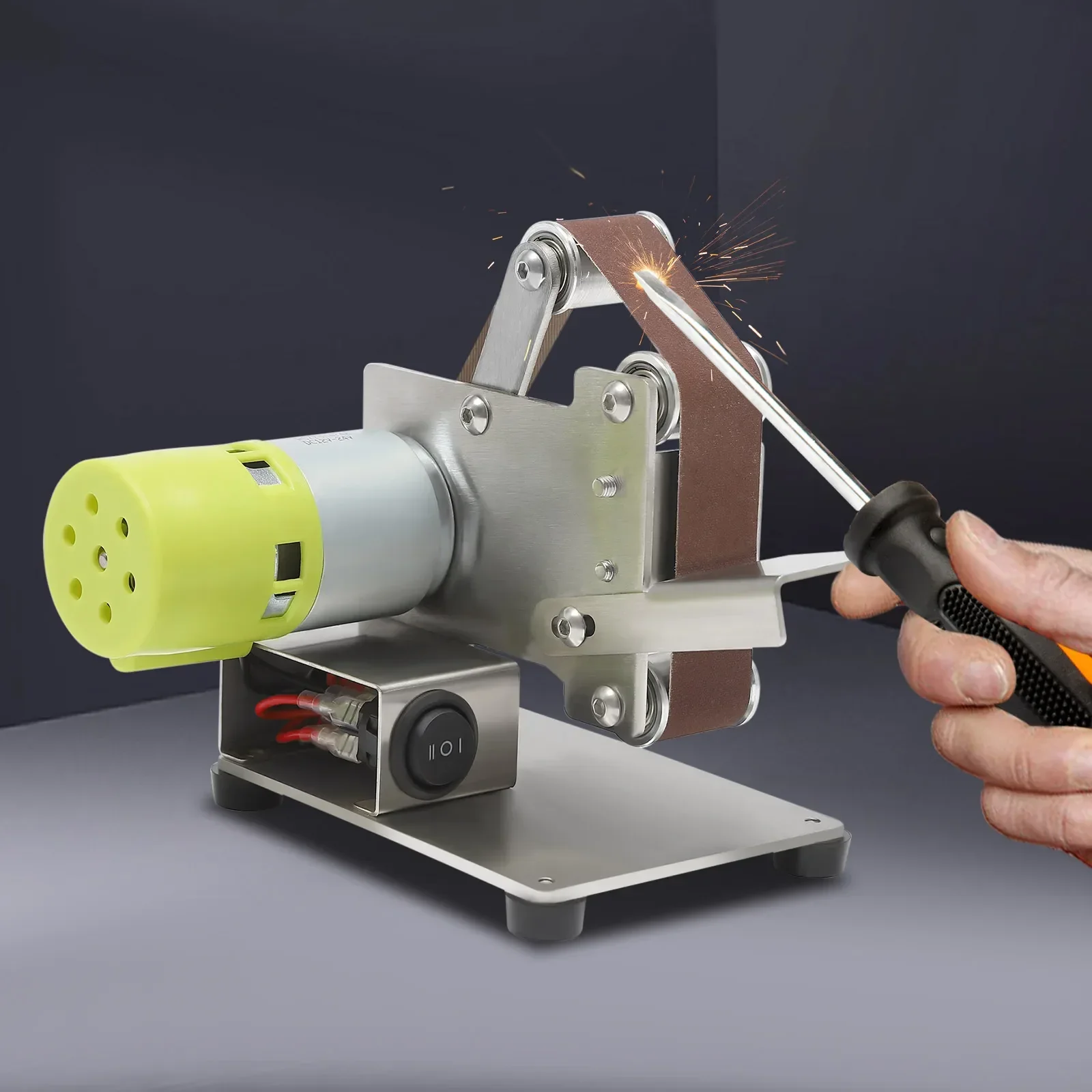 Mini Belt Sander, 150W 10000rpm 7-Gear Speed, 45° Adjustable Table 10pcs 0.98*13in Belts, for Metal Wood Polishing