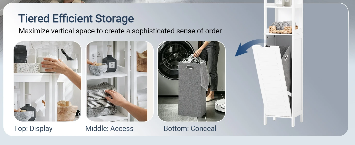 Sobuy Bzr123-W Tall Cabinet with Pull-Out Laundry Bag Bathroom Cabinet Bath Cabinet Narrow Laundry Cabinet Bathroom Shelf