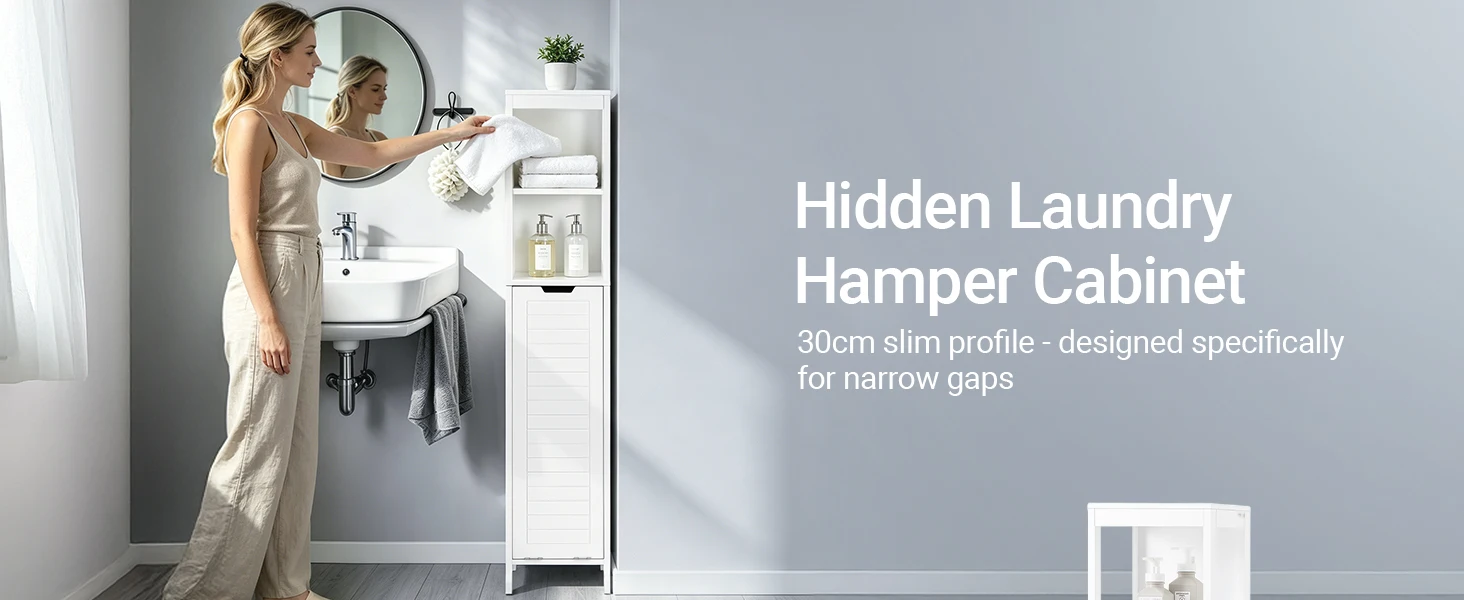 Sobuy Bzr123-W Tall Cabinet with Pull-Out Laundry Bag Bathroom Cabinet Bath Cabinet Narrow Laundry Cabinet Bathroom Shelf