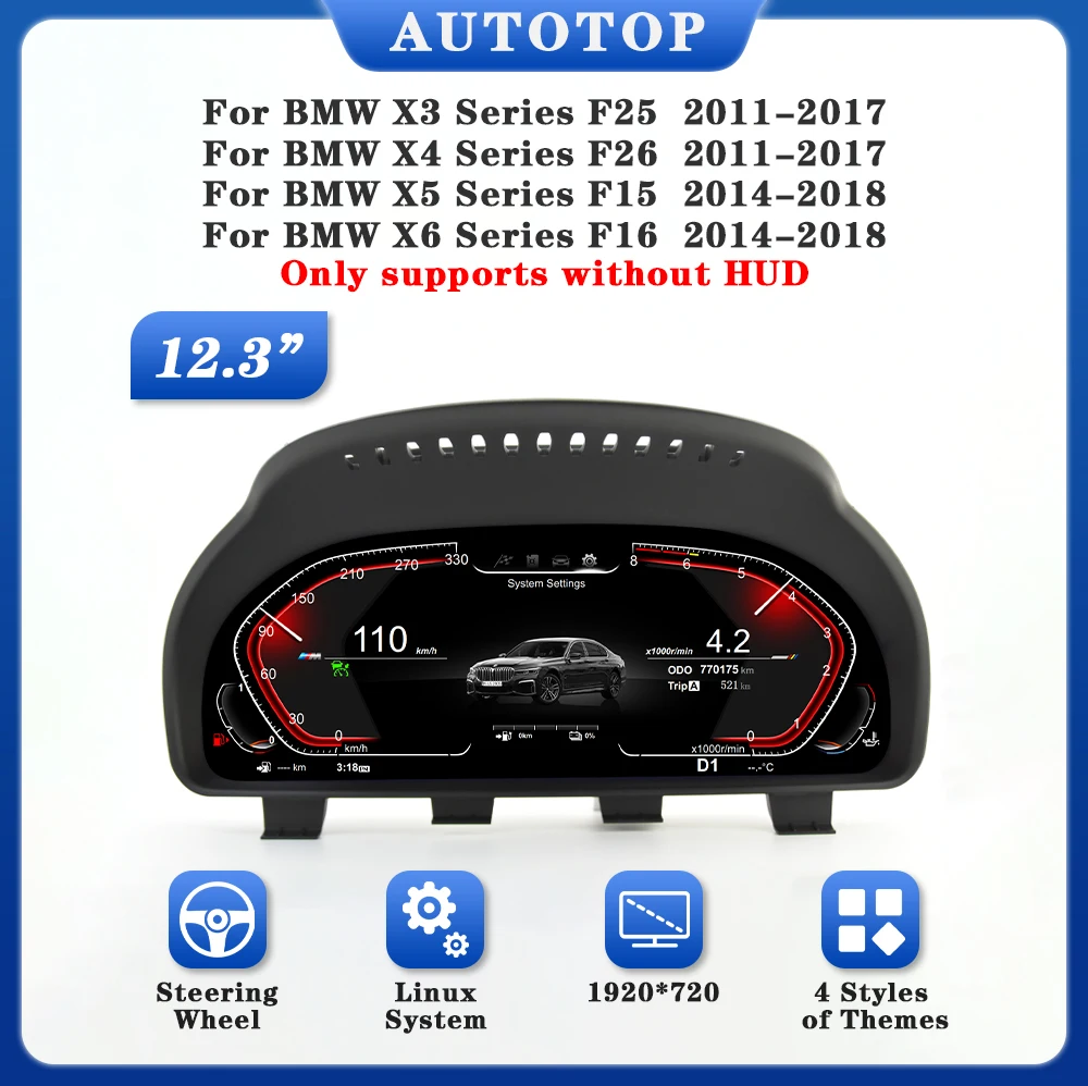 AUTOTOP 12.3"1920*720P LCD Digital Dash Aftermarket Digital Gauge Cluster For X3 F25/X4 F26 X5 F15/X6 F16 NBT EVO Without HUD