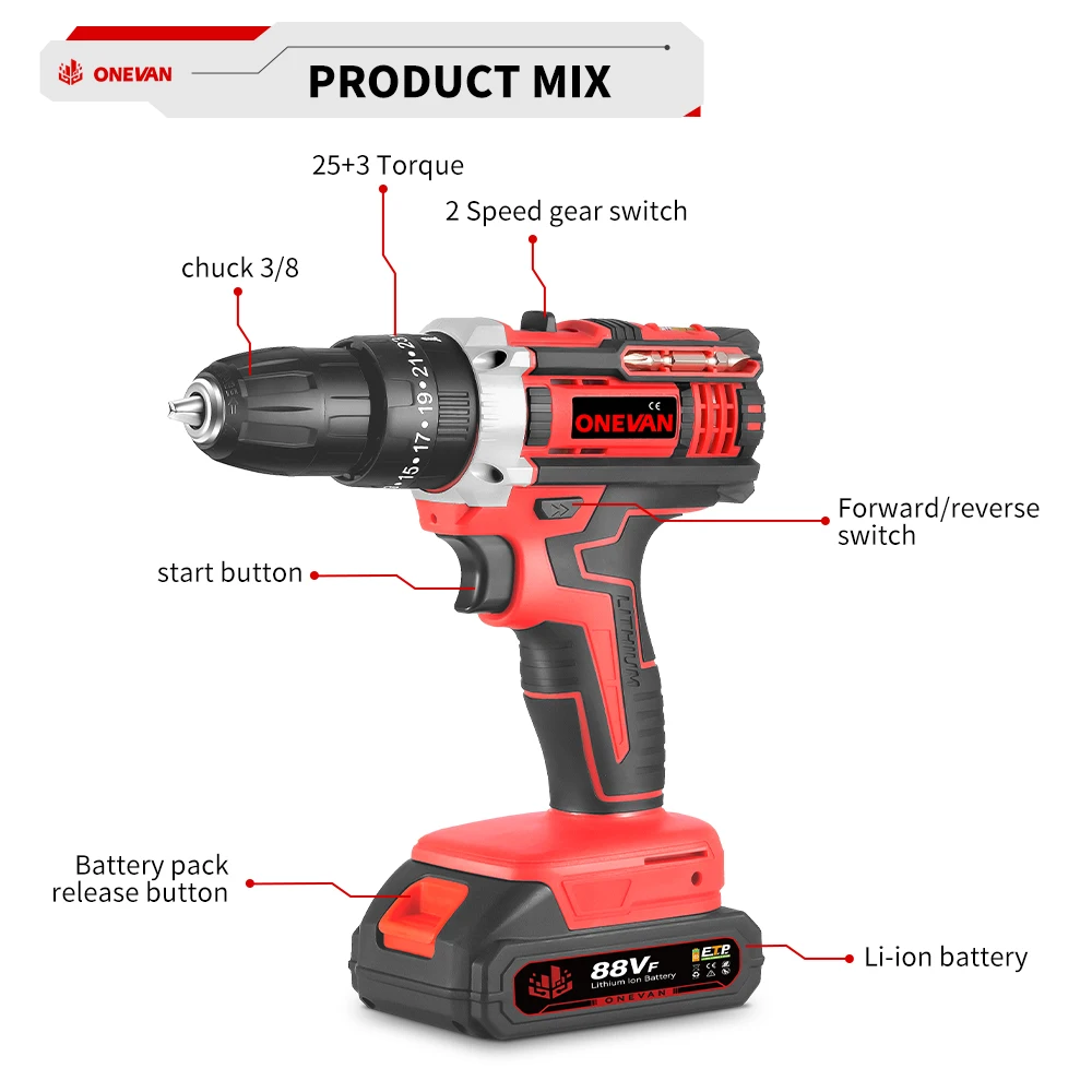 ONEVAN 500W Cordless Electric Drill 38N.M Torque Power Drill Tool Set for Construction&Carpentry&Home Diy For Makita Battery Pin