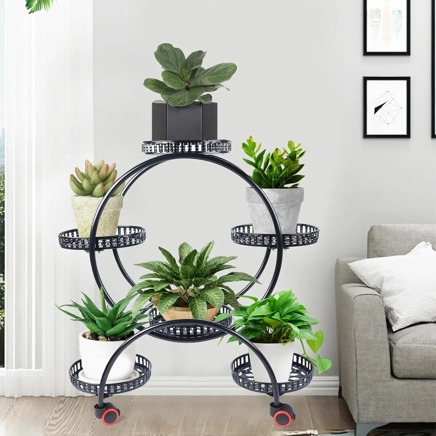 Metal Plant Stands 6 Pots Plants Flower Holder 4 Tier Display Shelf Rack with Wheels for Patio Garden Yard Home Decor