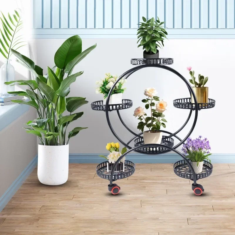 Metal Plant Stands 6 Pots Plants Flower Holder 4 Tier Display Shelf Rack with Wheels for Patio Garden Yard Home Decor