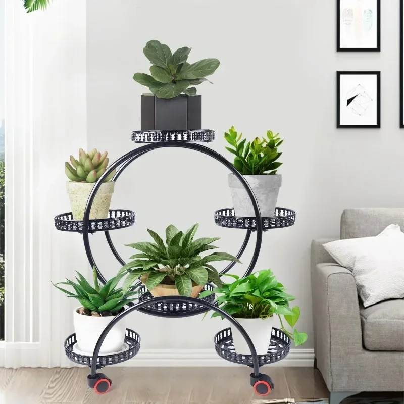 Metal Plant Stands 6 Pots Plants Flower Holder 4 Tier Display Shelf Rack with Wheels for Patio Garden Yard Home Decor