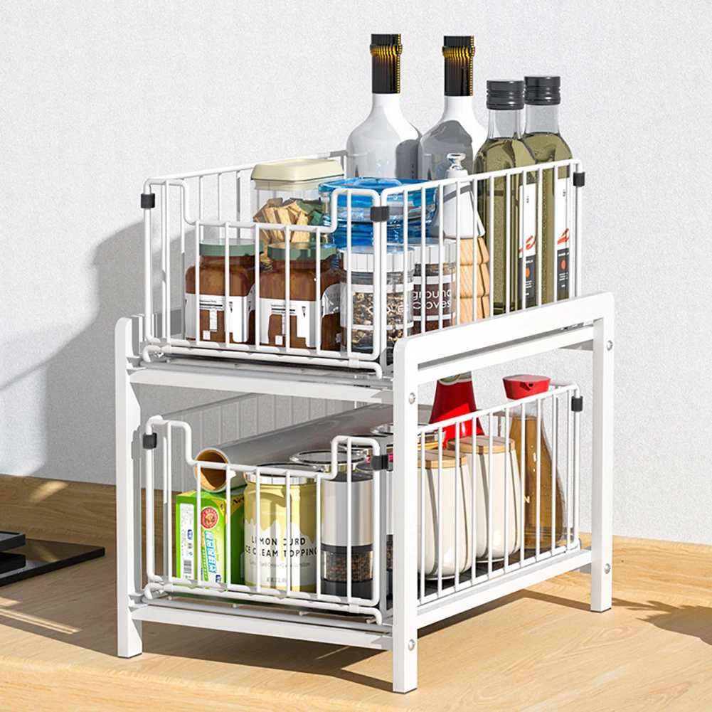 Pull-Out Sliding Drawer Cabinet Organizer, Slide-Out Stackable Under Sink Cabinet Organizer 2 Tier Storage Shelf, Multipurpose F