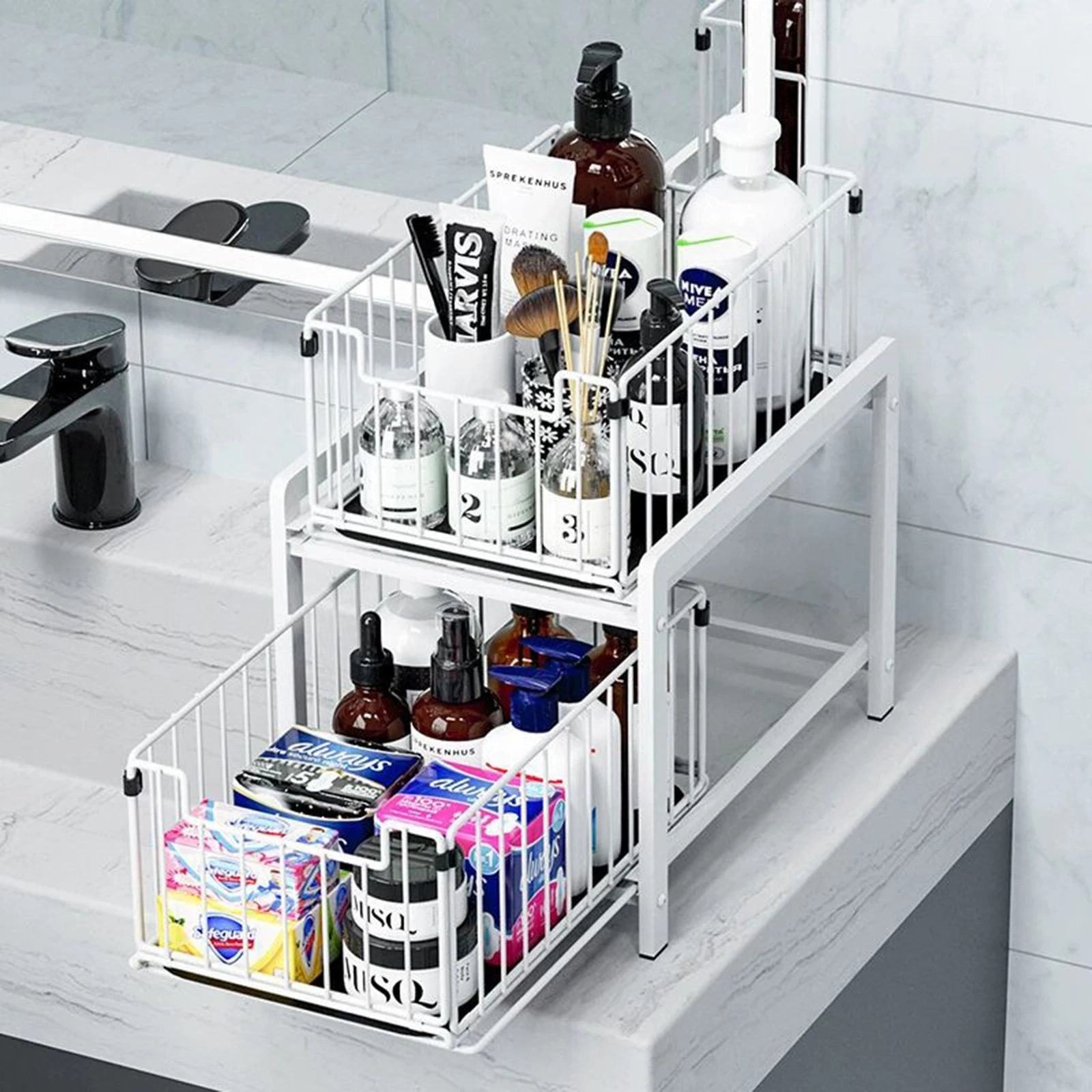 Pull-Out Sliding Drawer Cabinet Organizer, Slide-Out Stackable Under Sink Cabinet Organizer 2 Tier Storage Shelf, Multipurpose F
