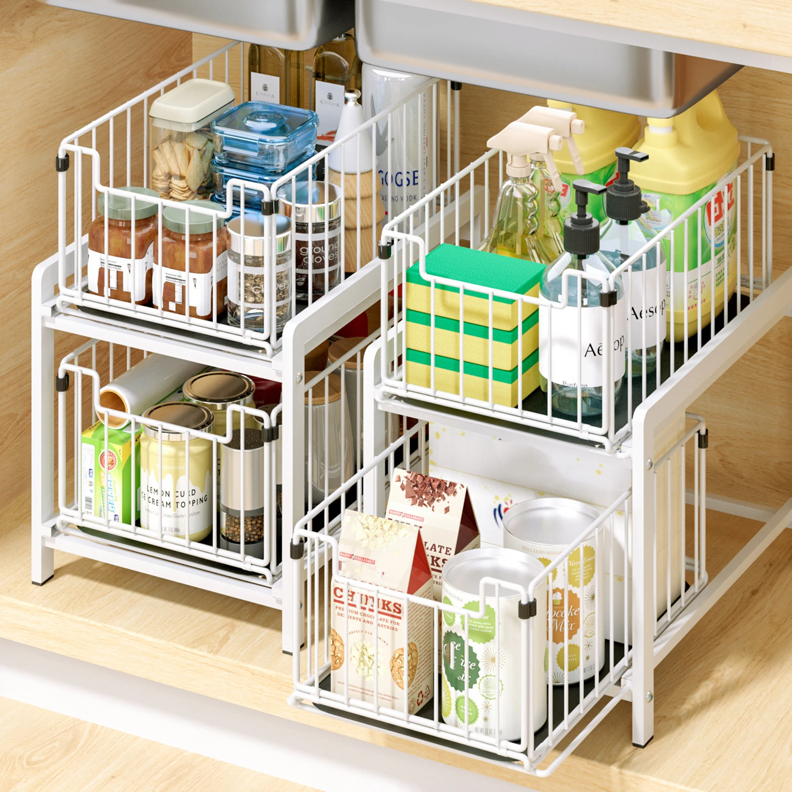 Pull-Out Sliding Drawer Cabinet Organizer, Slide-Out Stackable Under Sink Cabinet Organizer 2 Tier Storage Shelf, Multipurpose F