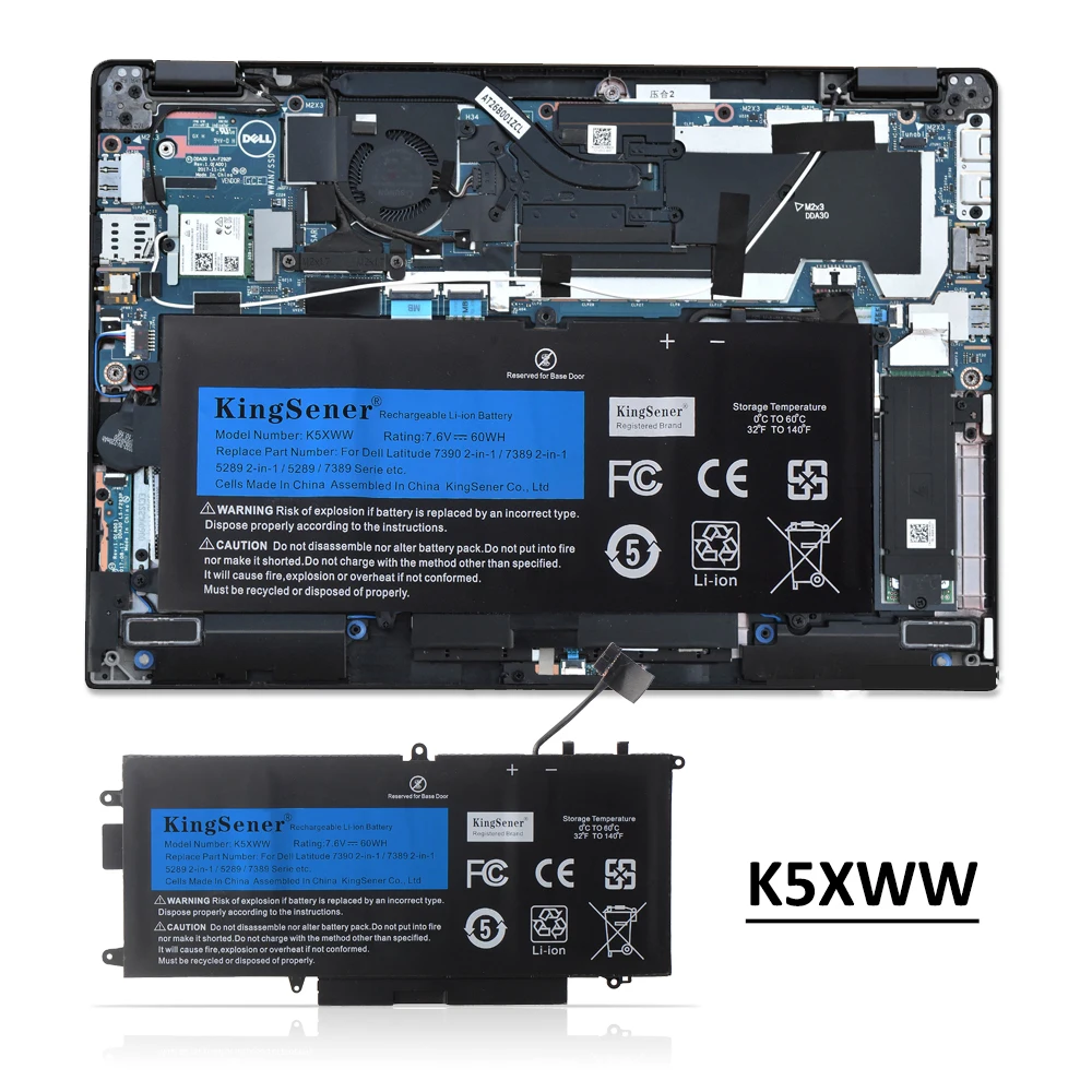 KingSener 7.6V 60Wh K5XWW Laptop Battery For Dell Latitude 12 5285 5289 7389 7390 2-in-1 Series Bateria 71TG4 CFX97 Free Tools