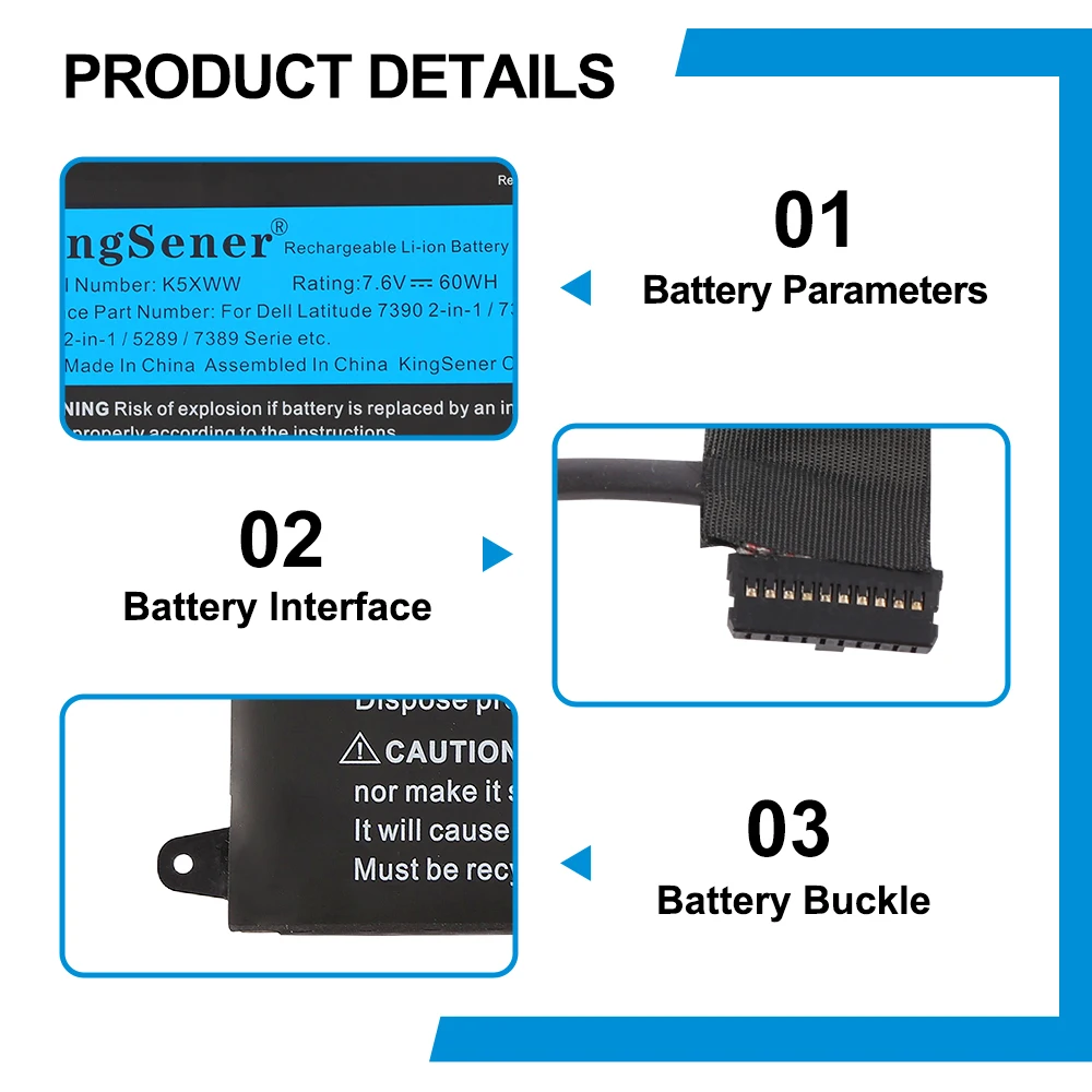 KingSener 7.6V 60Wh K5XWW Laptop Battery For Dell Latitude 12 5285 5289 7389 7390 2-in-1 Series Bateria 71TG4 CFX97 Free Tools