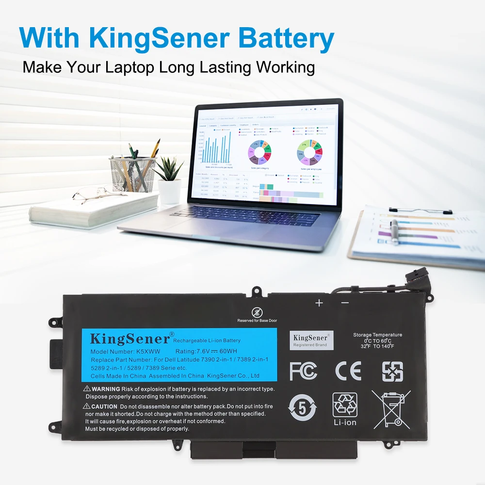 KingSener 7.6V 60Wh K5XWW Laptop Battery For Dell Latitude 12 5285 5289 7389 7390 2-in-1 Series Bateria 71TG4 CFX97 Free Tools