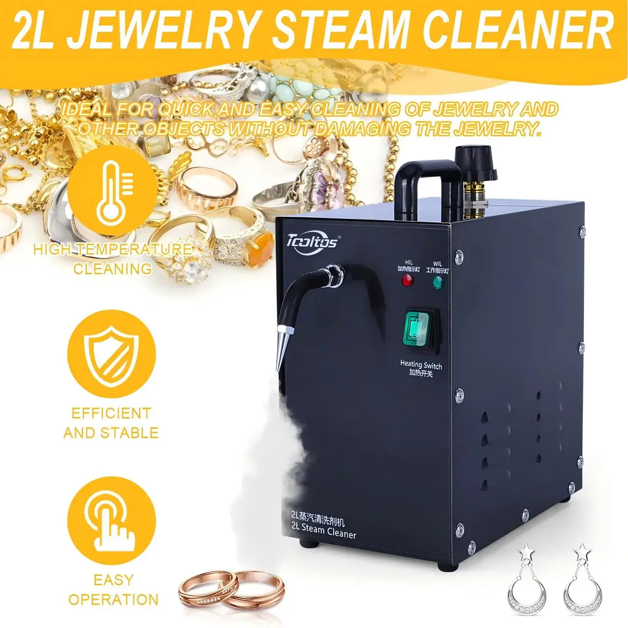 2L 1300W Stainless Steel Jewelry Steam Cleaner for Gold Silver Gem Diamond Dental Tools Professional Cleaning Machine