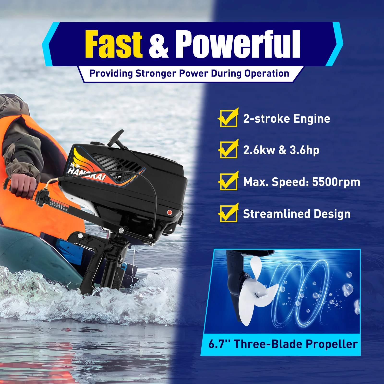 55CC 2 Stroke Outboard Motor 2.6KW outboard Fishing Boat Motor Engine with Air Cooling for Inflatable Boat Kayak Canoe Sailboat