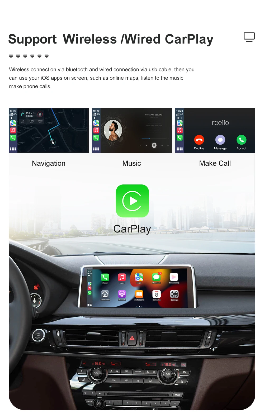 REEIIO For BMW X5 X6 F15 F16 F85 F86 F70 E71 E72 NBT CIC Wireless CarPlay Support for Android Auto AirPlay Mirroring Camera