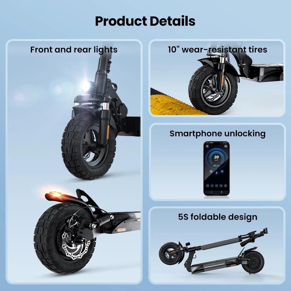 W9 10 inch Off Road Electric Scooter 1000W Rear Motor 48V14Ah Battery 45km/h 35-45KM Range Dual Disc Brakes With APP E Scooter