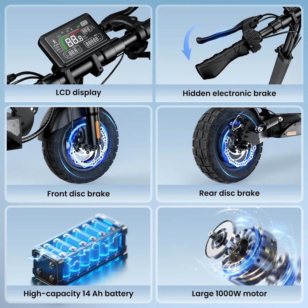 W9 10 inch Off Road Electric Scooter 1000W Rear Motor 48V14Ah Battery 45km/h 35-45KM Range Dual Disc Brakes With APP E Scooter