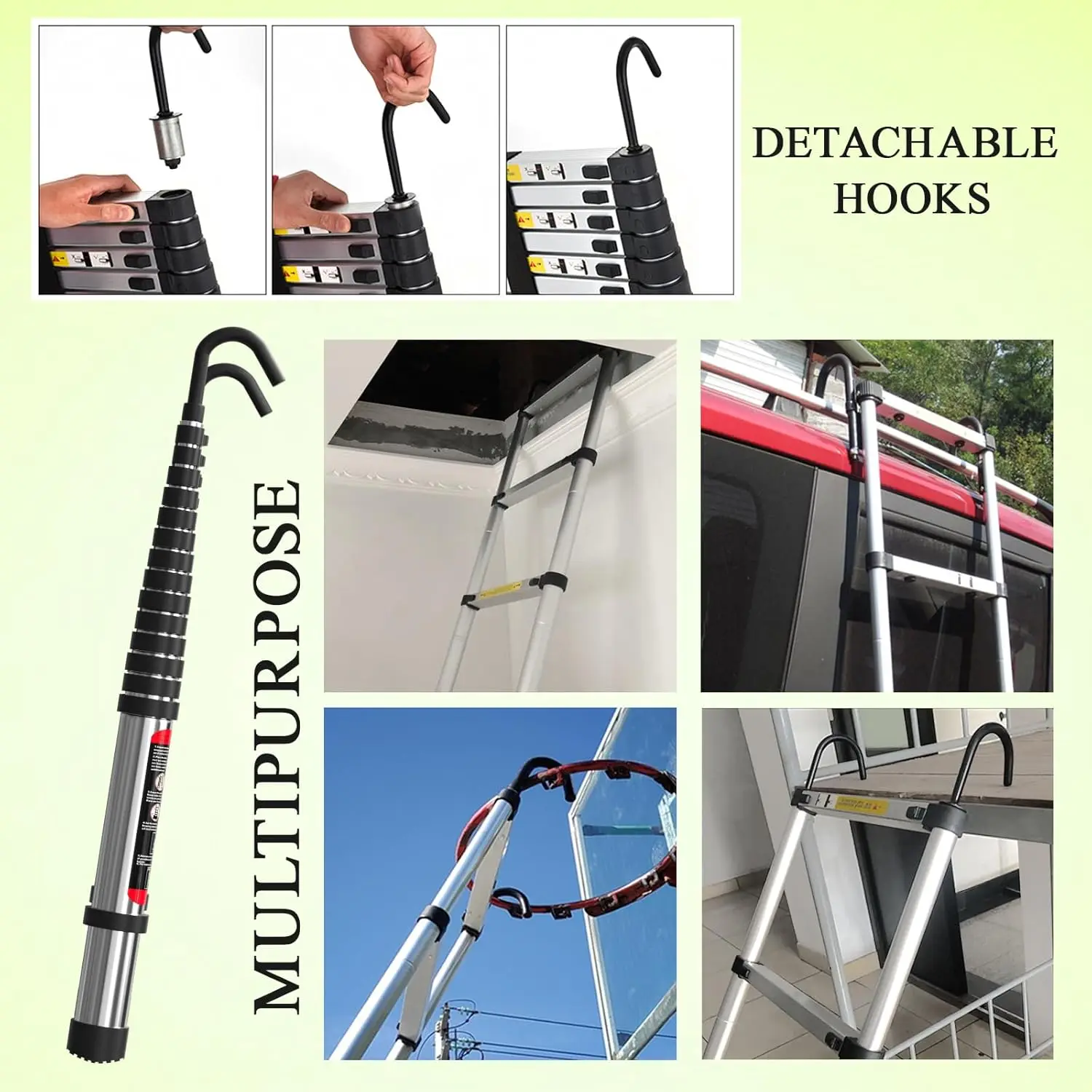 Newest Telescoping Ladder 5M Stainless Steel Heavy Duty Portable Compact Ladder with Hooks 16.4FT Multi Purpose Collapsible