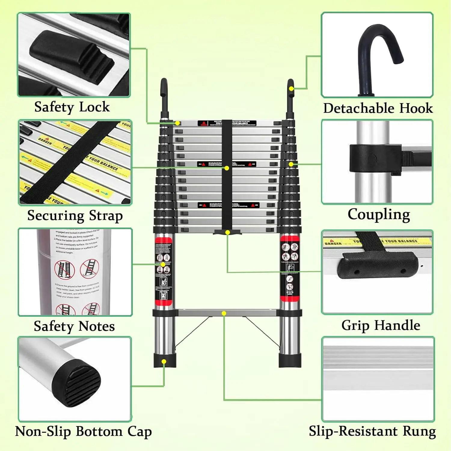 Newest Telescoping Ladder 5M Stainless Steel Heavy Duty Portable Compact Ladder with Hooks 16.4FT Multi Purpose Collapsible
