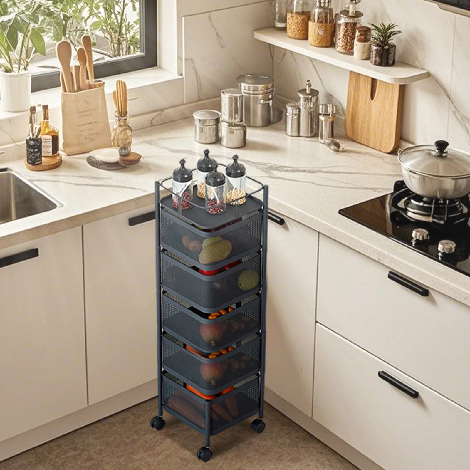 5-Tier Rotating Storage Shelves Rack Removable With Rolling Wheels Basket Shelf Organizer for Fruit Vegetable Grocery Kitchen