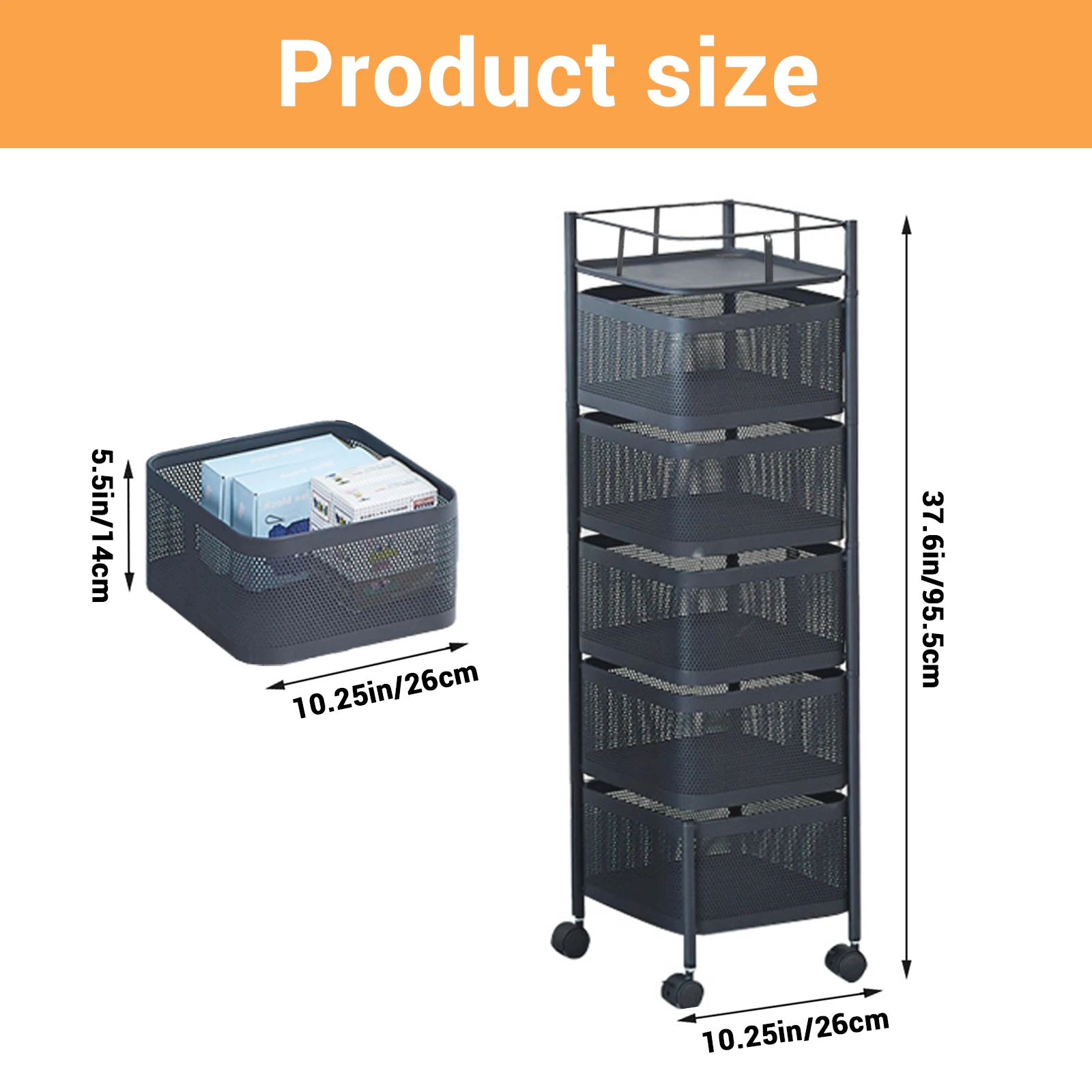 5-Tier Rotating Storage Shelves Rack Removable With Rolling Wheels Basket Shelf Organizer for Fruit Vegetable Grocery Kitchen