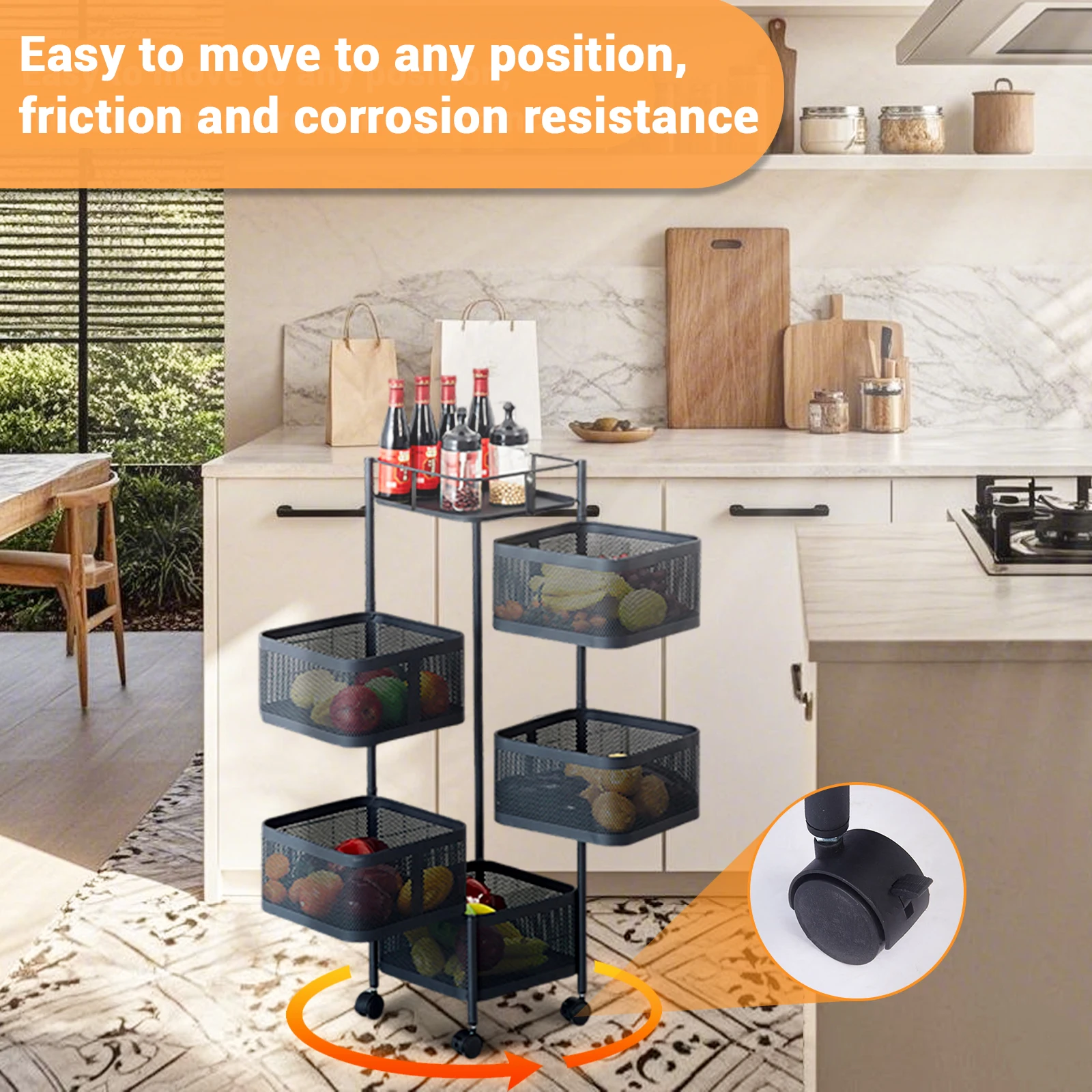 5-Tier Rotating Storage Shelves Rack Removable With Rolling Wheels Basket Shelf Organizer for Fruit Vegetable Grocery Kitchen