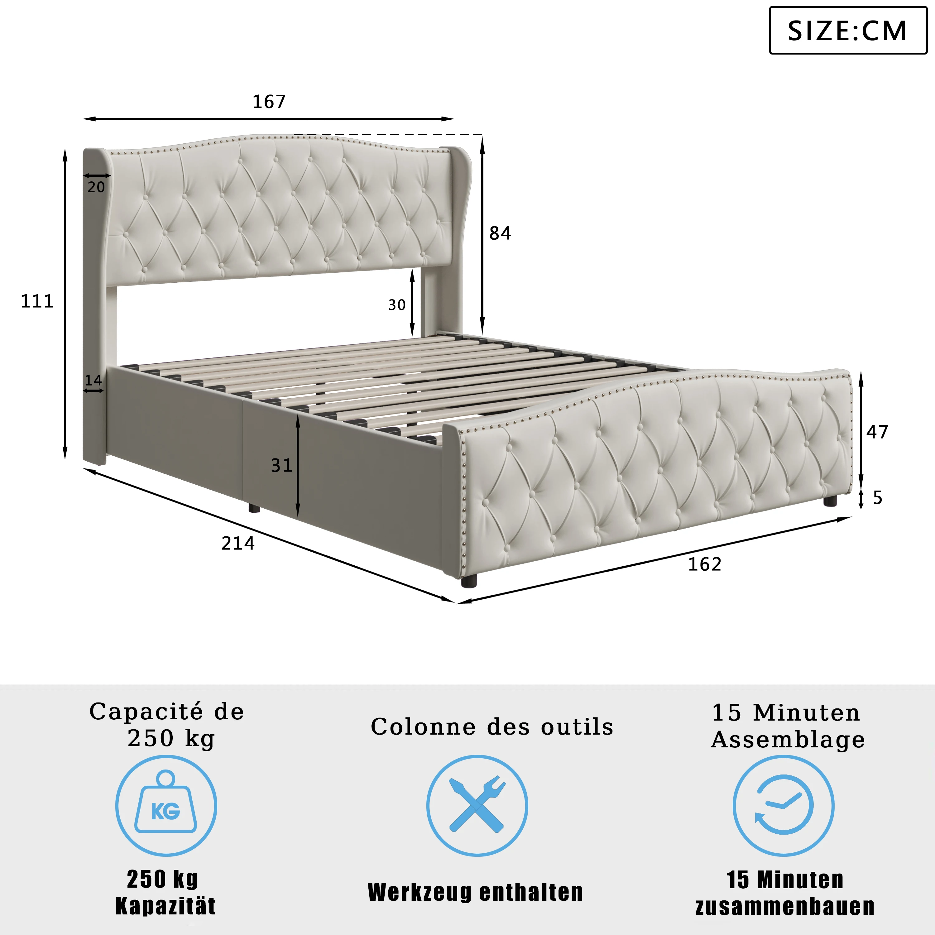 ROSAHQNDA Upholstered Bed, Hydraulic Bed In Modern Style, 140/160 X 200 Cm, Gray Flannel Rivet. Double Bed Without Mattress