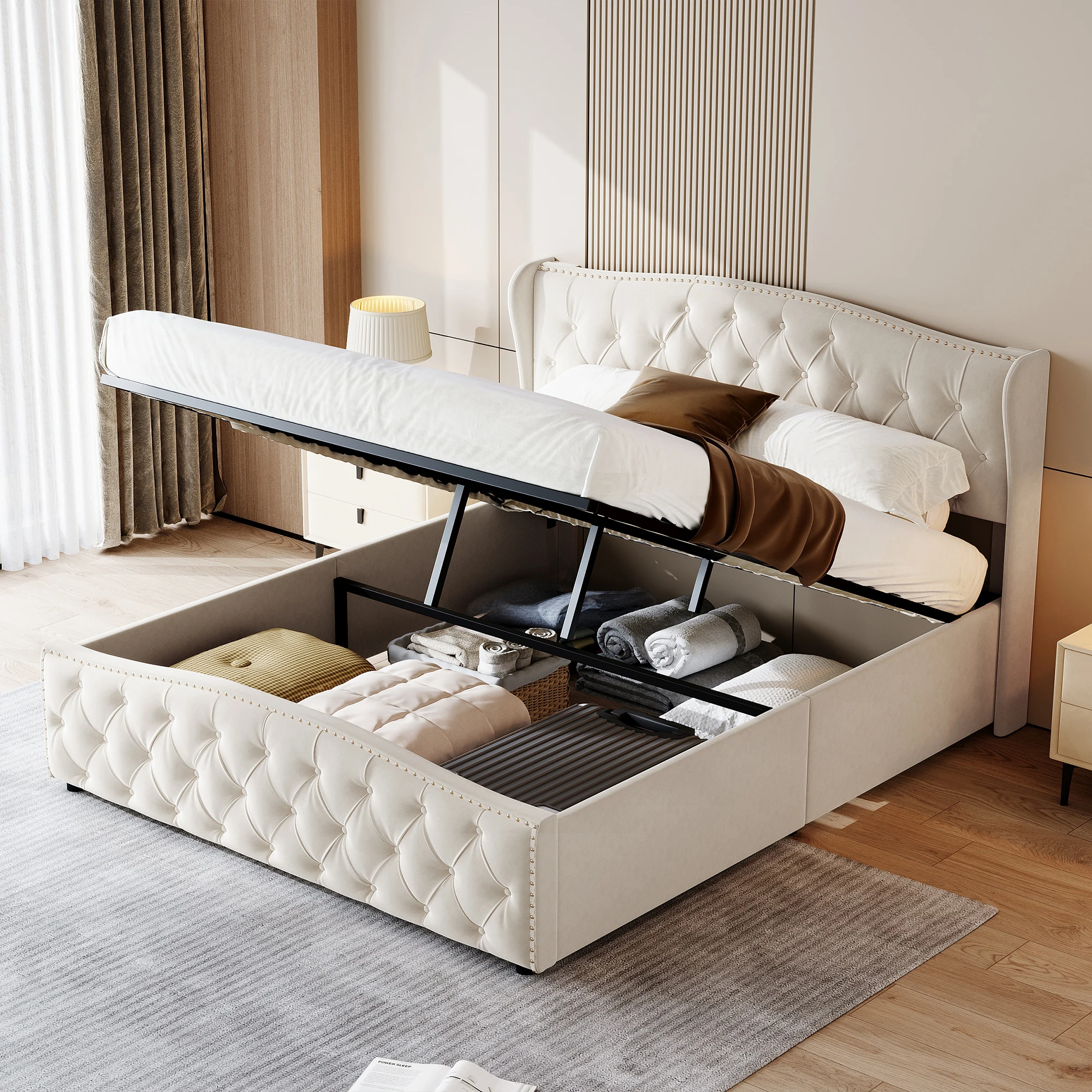 ROSAHQNDA Upholstered Bed, Hydraulic Bed In Modern Style, 140/160 X 200 Cm, Gray Flannel Rivet. Double Bed Without Mattress