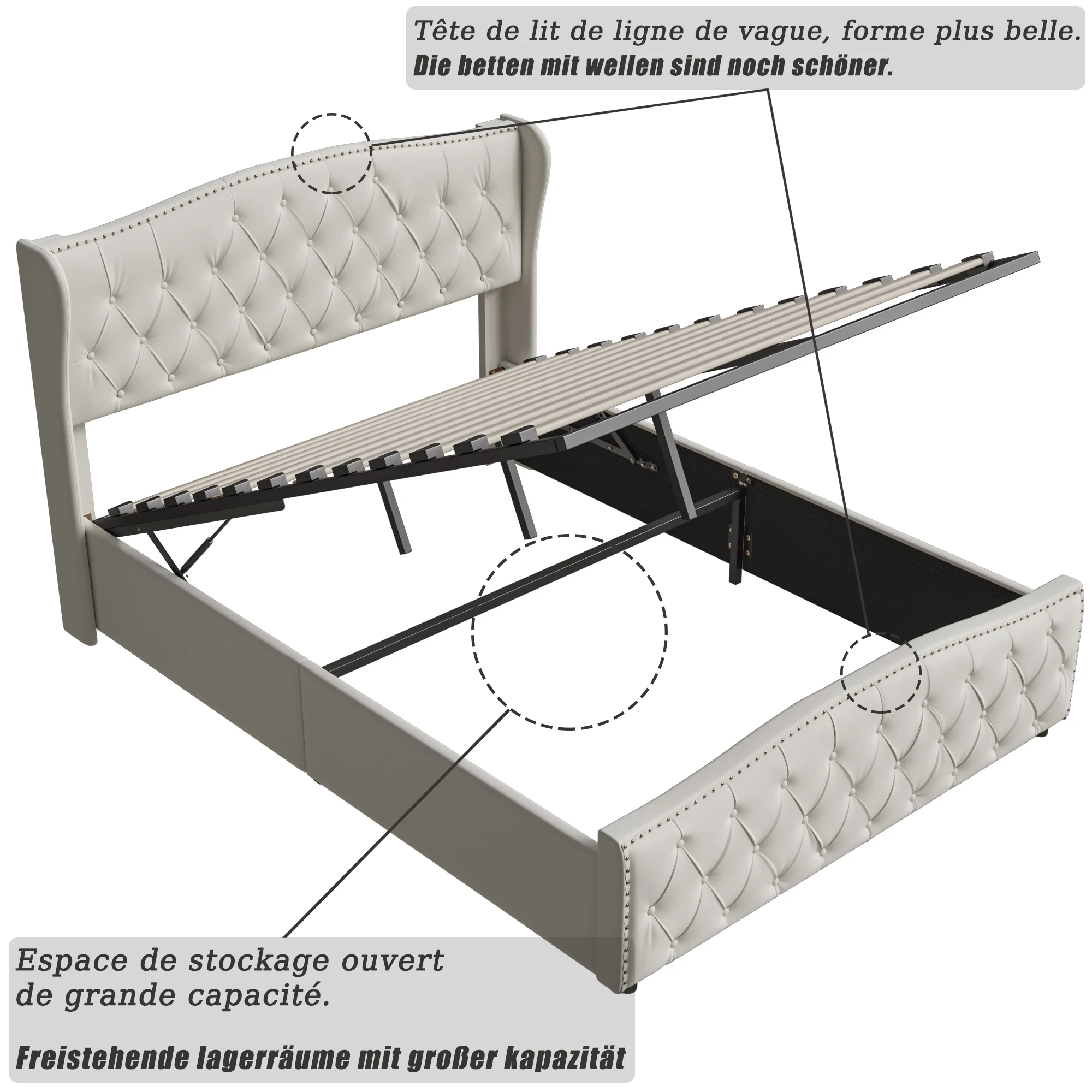 ROSAHQNDA Upholstered Bed, Hydraulic Bed In Modern Style, 140/160 X 200 Cm, Gray Flannel Rivet. Double Bed Without Mattress