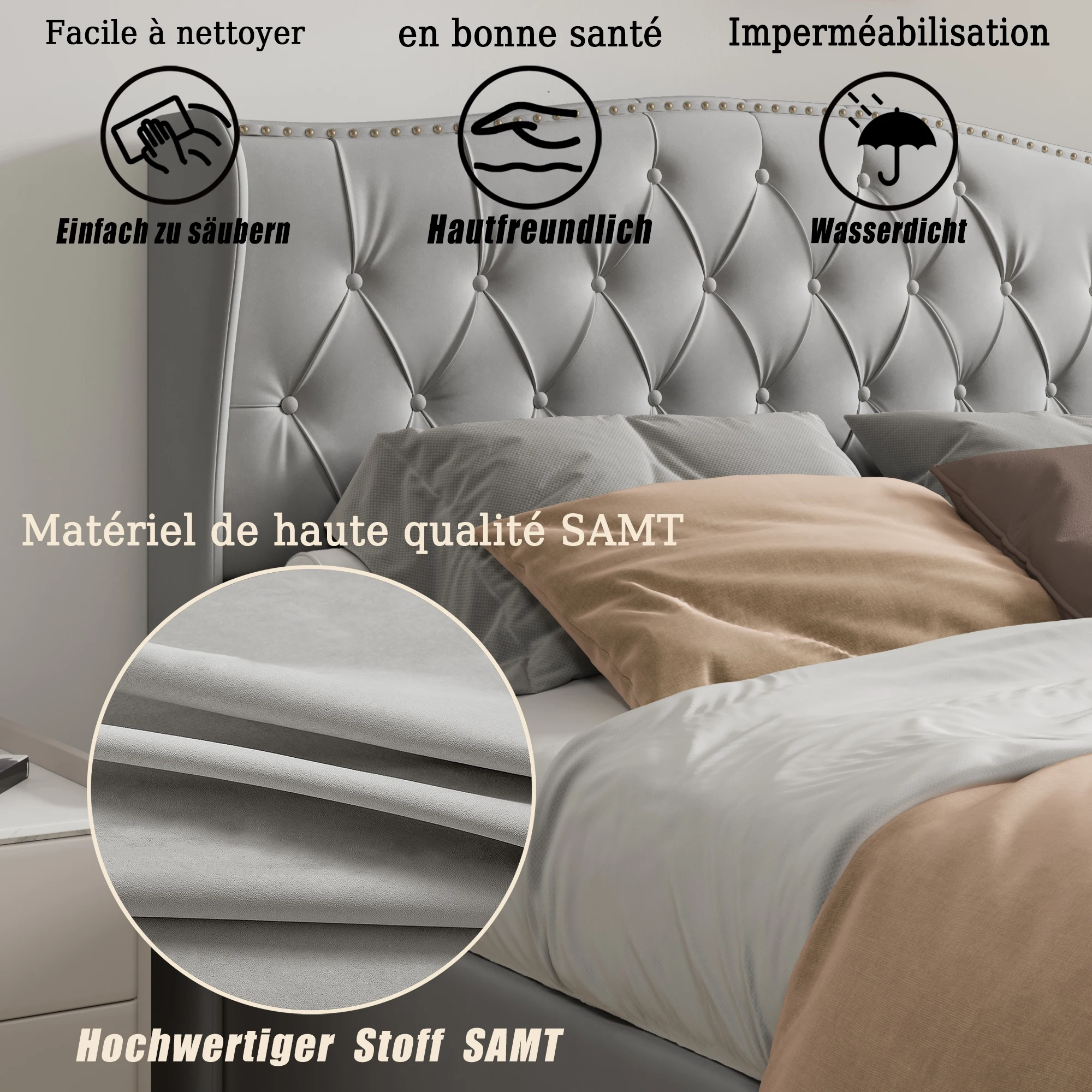 ROSAHQNDA Upholstered Bed, Hydraulic Bed In Modern Style, 140/160 X 200 Cm, Gray Flannel Rivet. Double Bed Without Mattress
