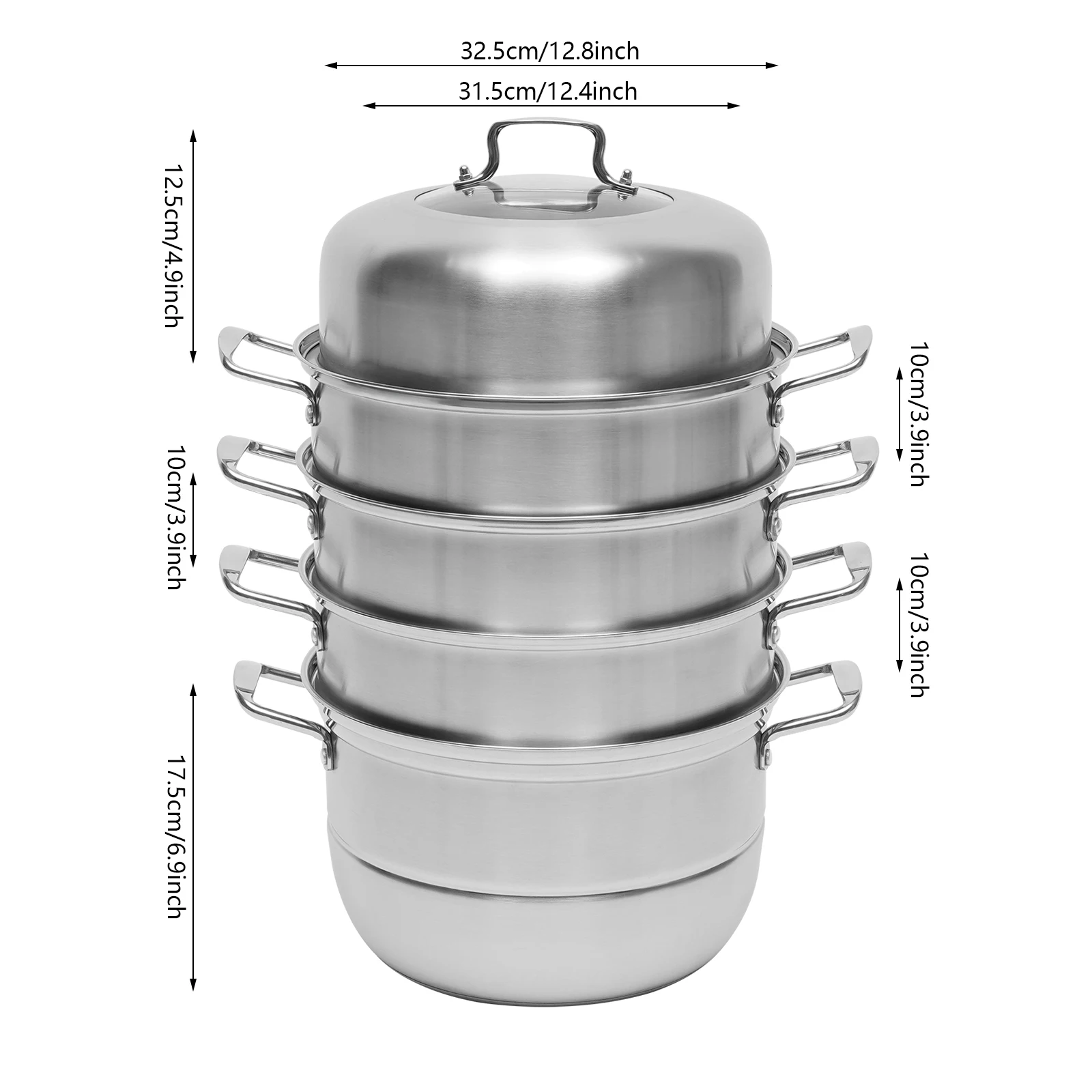 304 Stainless Steel Steamer Pot 5 Tiers Steamer 3.9in 2.38 Gallon with Steam Compartments for Gas Furnaces Induction Cookers