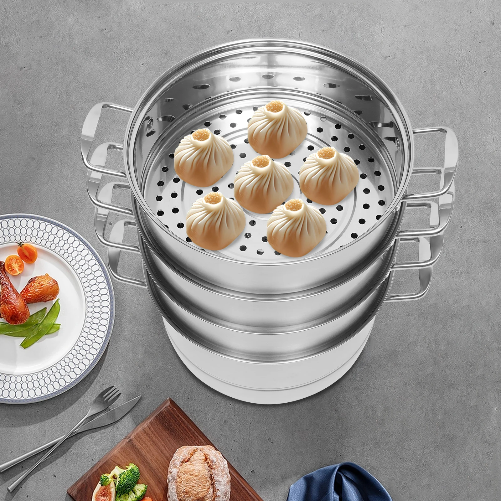 304 Stainless Steel Steamer Pot 5 Tiers Steamer 3.9in 2.38 Gallon with Steam Compartments for Gas Furnaces Induction Cookers