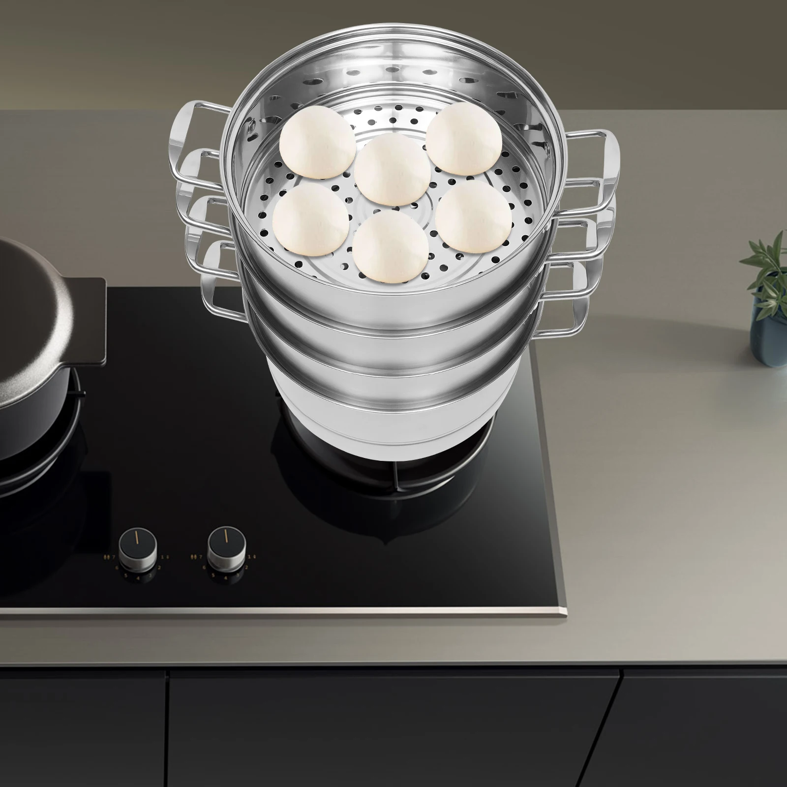304 Stainless Steel Steamer Pot 5 Tiers Steamer 3.9in 2.38 Gallon with Steam Compartments for Gas Furnaces Induction Cookers