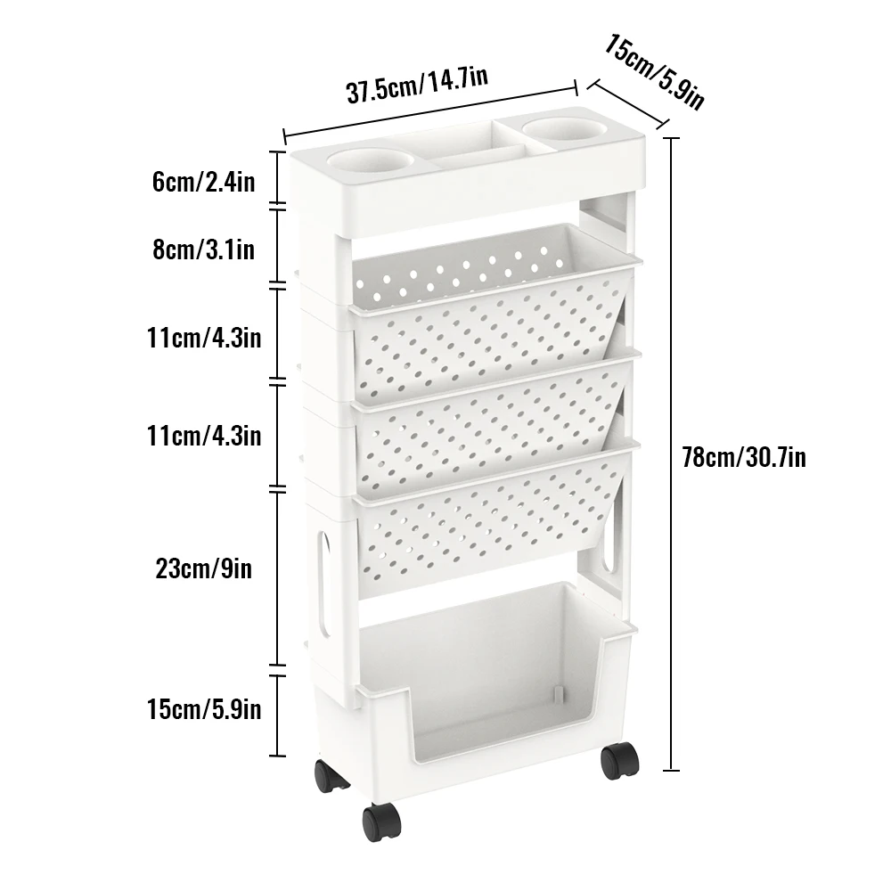5-Layer Movable Bookshelf Trolley Document Book Magazine Stationery Trolley Classroom Office Snacks Water Bottle Storage Rack