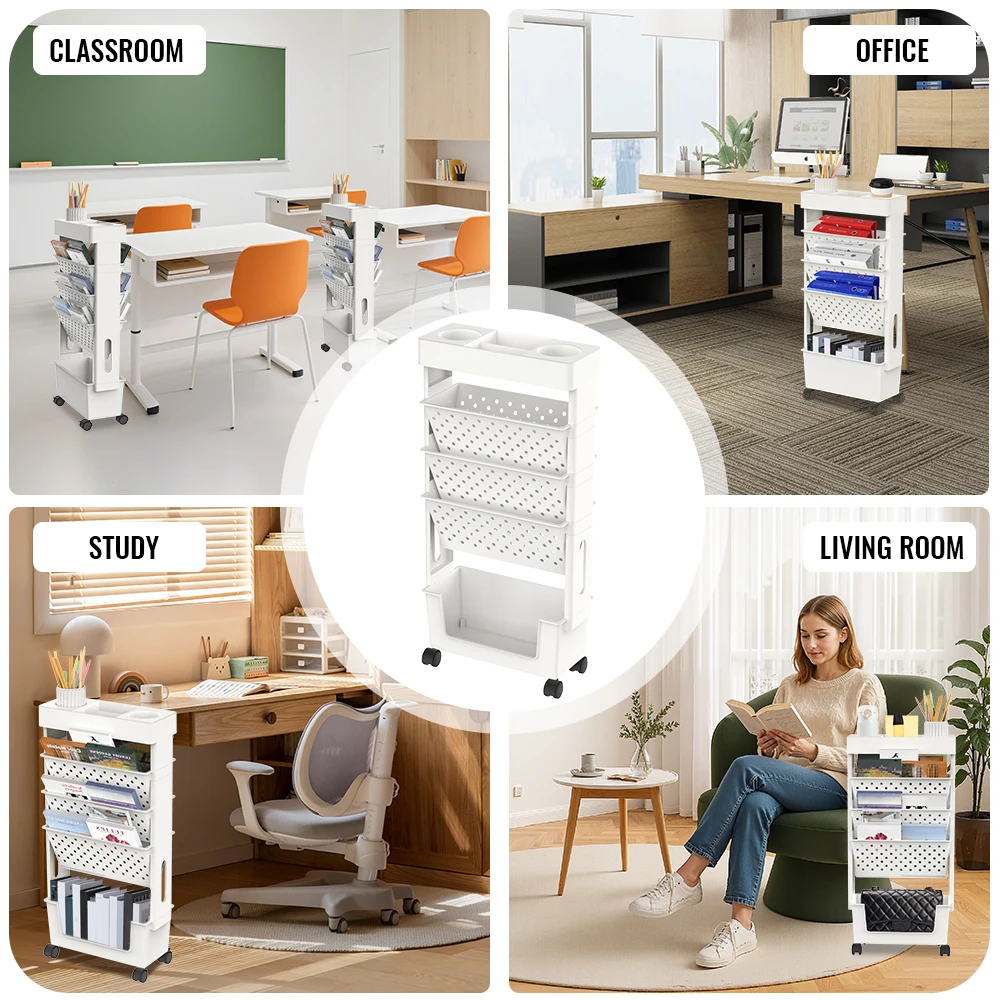 5-Layer Movable Bookshelf Trolley Document Book Magazine Stationery Trolley Classroom Office Snacks Water Bottle Storage Rack