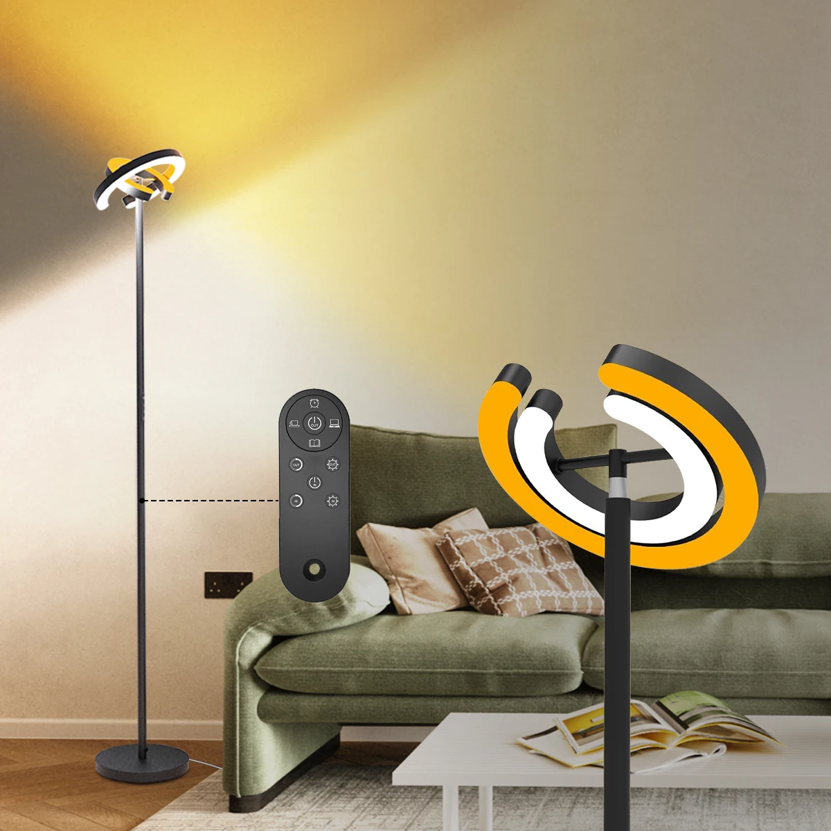 Smart Bright LED Corner Standing Rotatable Floor Lamp & Magnetic Remote Control, Dimmable Memory Light for Room Reading Office
