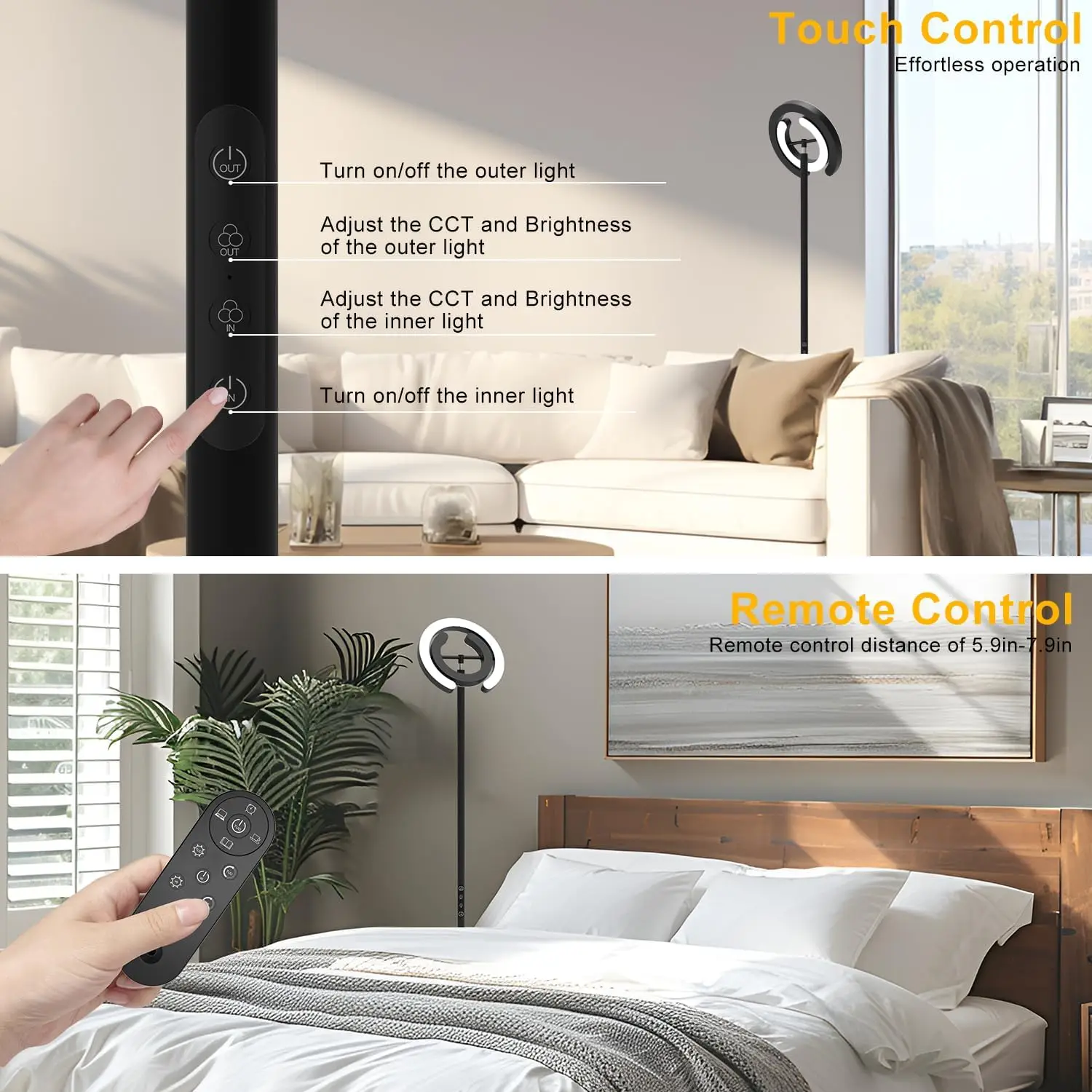 Smart Bright LED Corner Standing Rotatable Floor Lamp & Magnetic Remote Control, Dimmable Memory Light for Room Reading Office