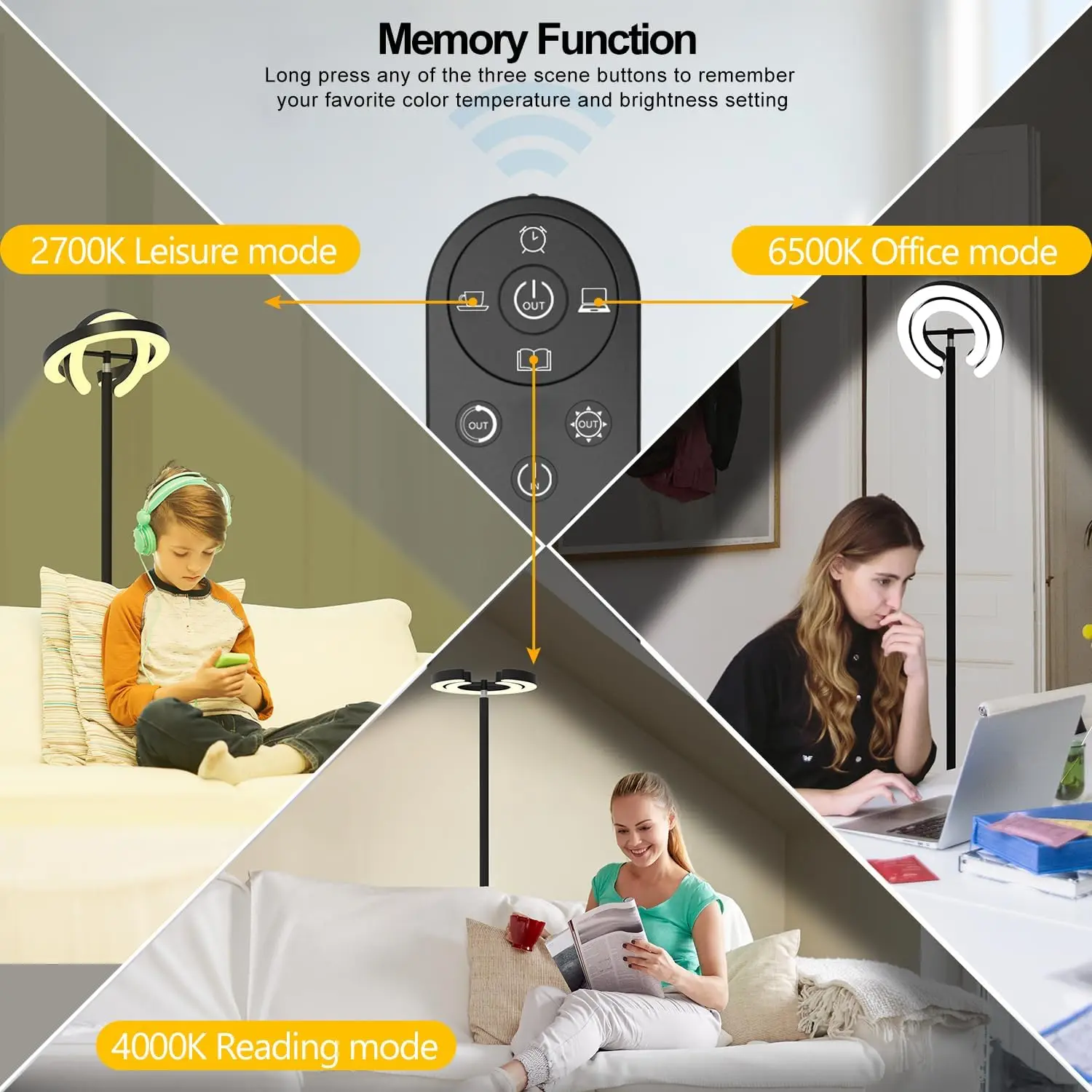 Smart Bright LED Corner Standing Rotatable Floor Lamp & Magnetic Remote Control, Dimmable Memory Light for Room Reading Office