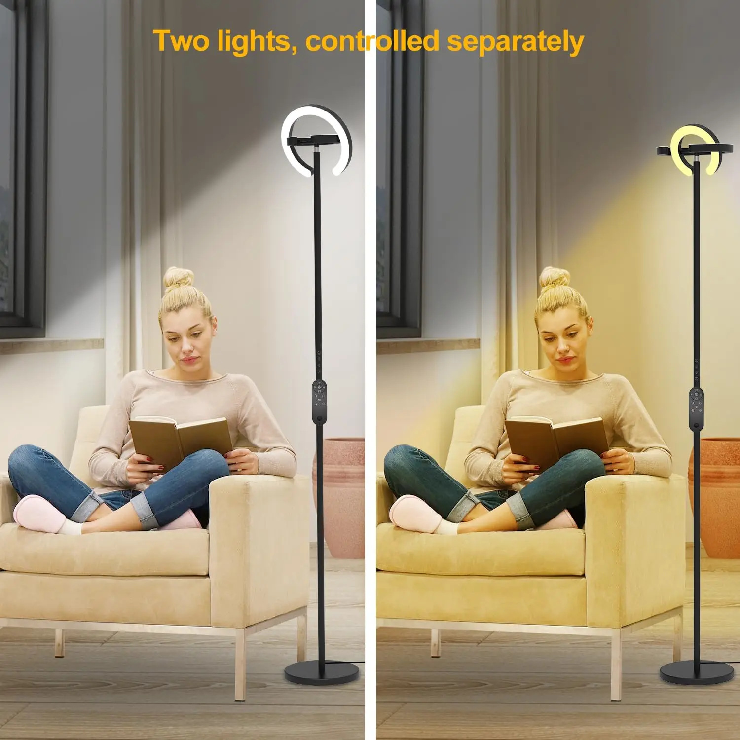 Smart Bright LED Corner Standing Rotatable Floor Lamp & Magnetic Remote Control, Dimmable Memory Light for Room Reading Office