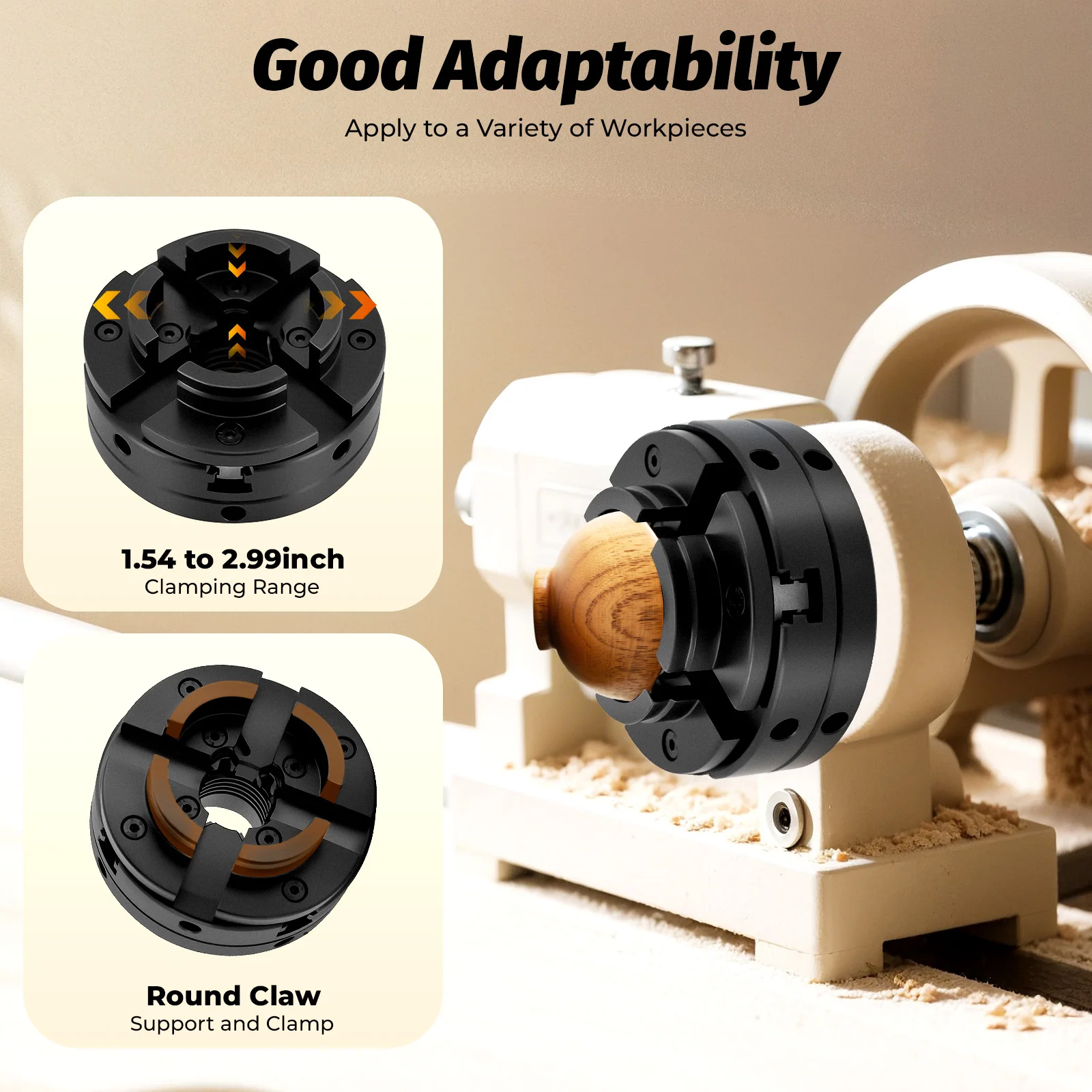 4-Jaw Chuck M33 3.5mm Independent Self-Centering,1.54-2.99in(39-76mm) Clamping Range with T-Shaped Wrench for Wood Metal Lathe