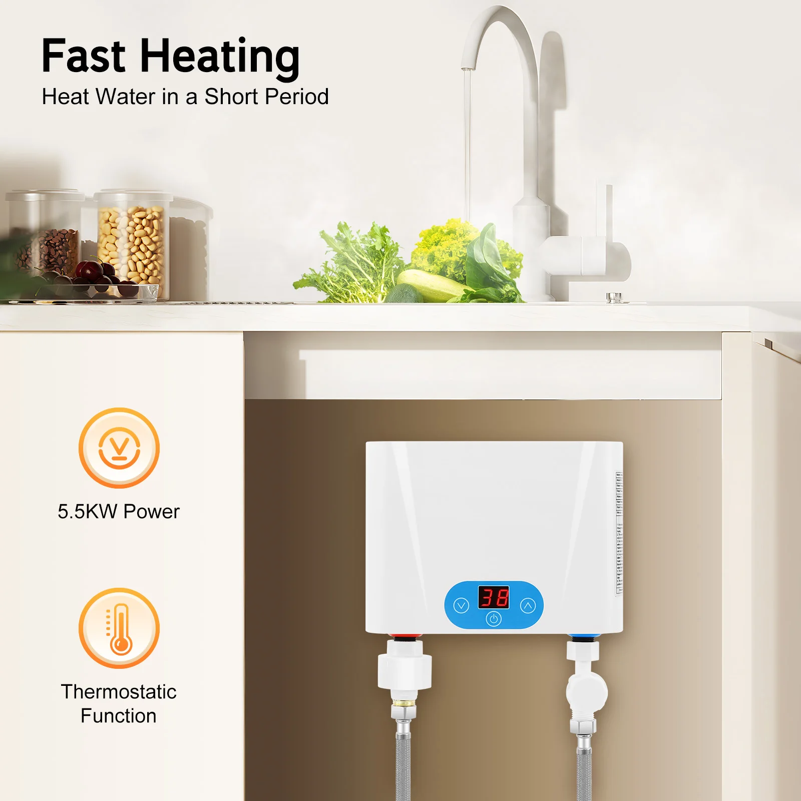 5.5KW Electric Instant Water Heater, Under Sink Tankless Mini Water Heater, Endless Hot Water for Kitchen Bathroom