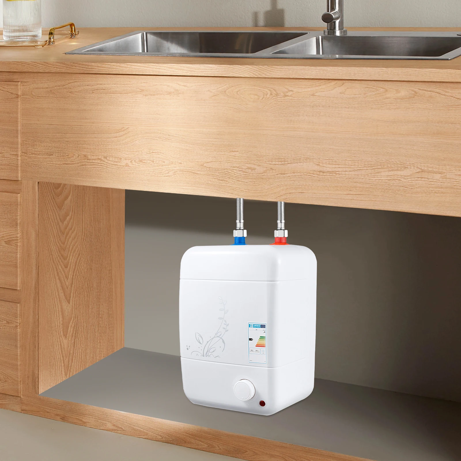 1500W Electric Water Heater 8L White Rectangle IPX4 Temperature Adjustable 0.75MPA Enamel Water Heating for Residential